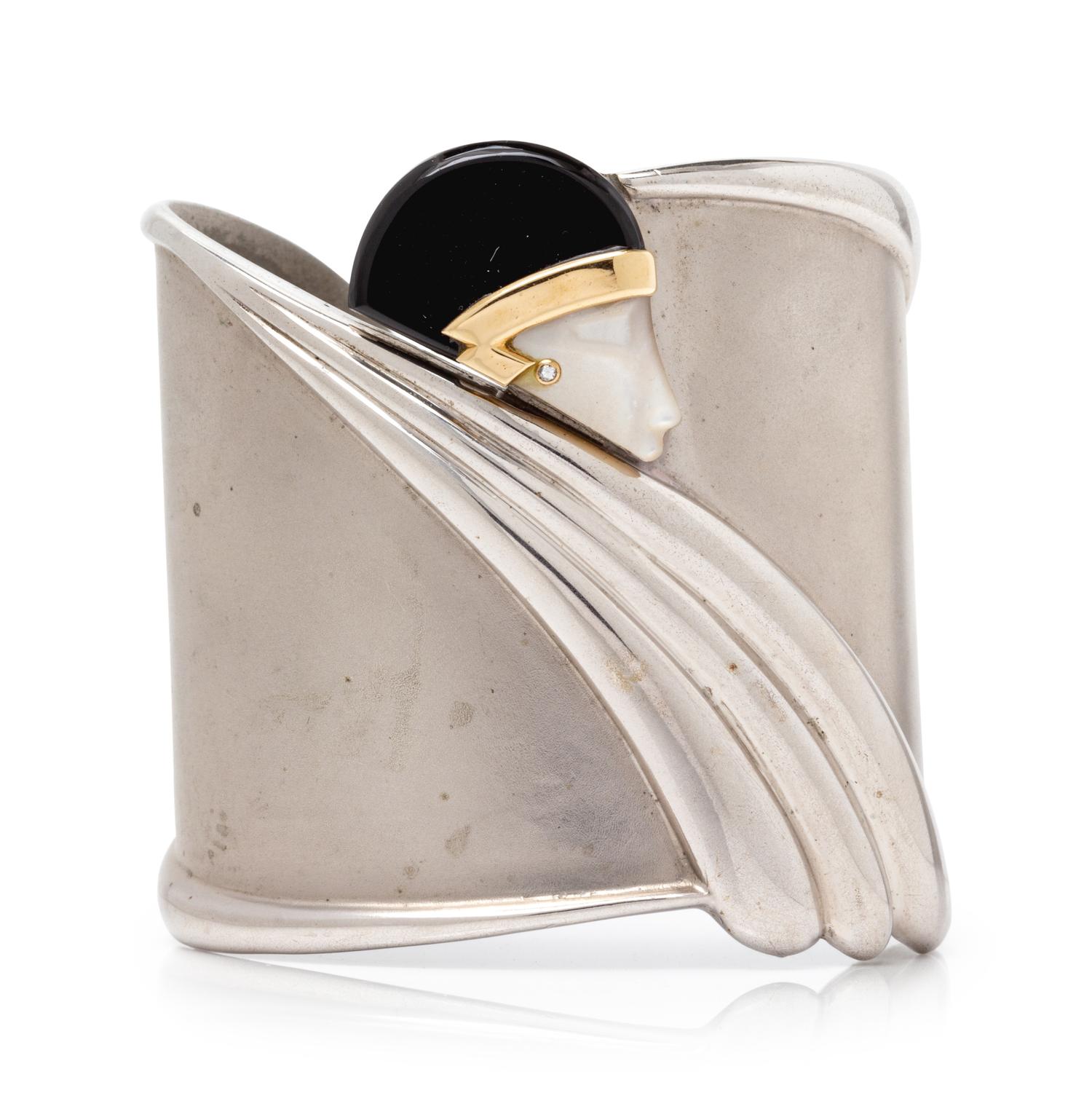 A Sterling Silver, 14 Karat Yellow Gold, Onyx, Mother-of-Pearl and Diamond 'Tempest' Cuff Bracelet, Erte,