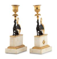 A Pair of Louis Philippe Parcel Gilt Bronze and Marble Griffin Candlesticks