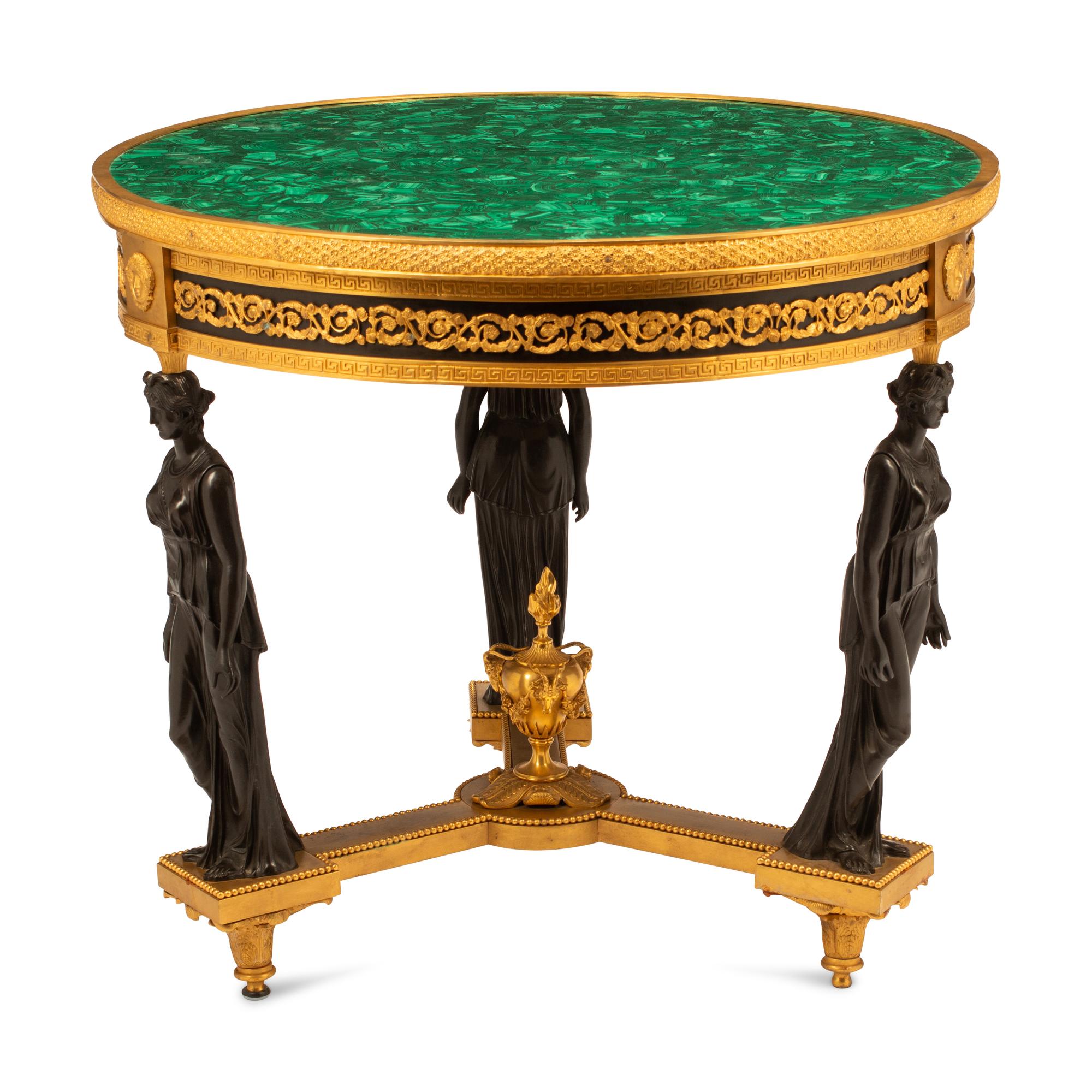 An Empire Style Gilt and Patinated Bronze Malachite-Top Table