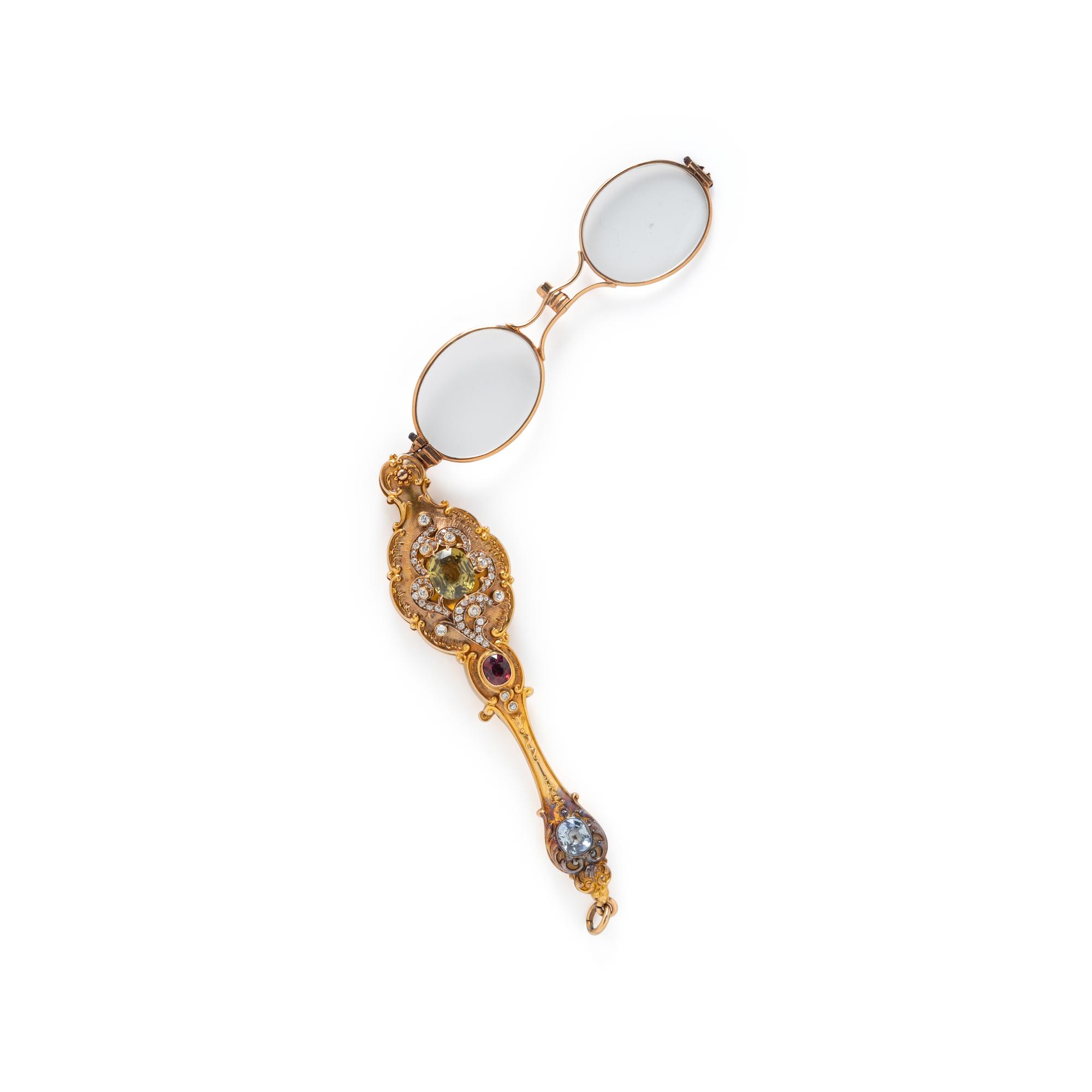 ANTIQUE, YELLOW GOLD AND MULTIGEM LORGNETTE