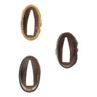 Lot of Three Fuchi and Kashira Sets with Shakudo Warrior Motifs