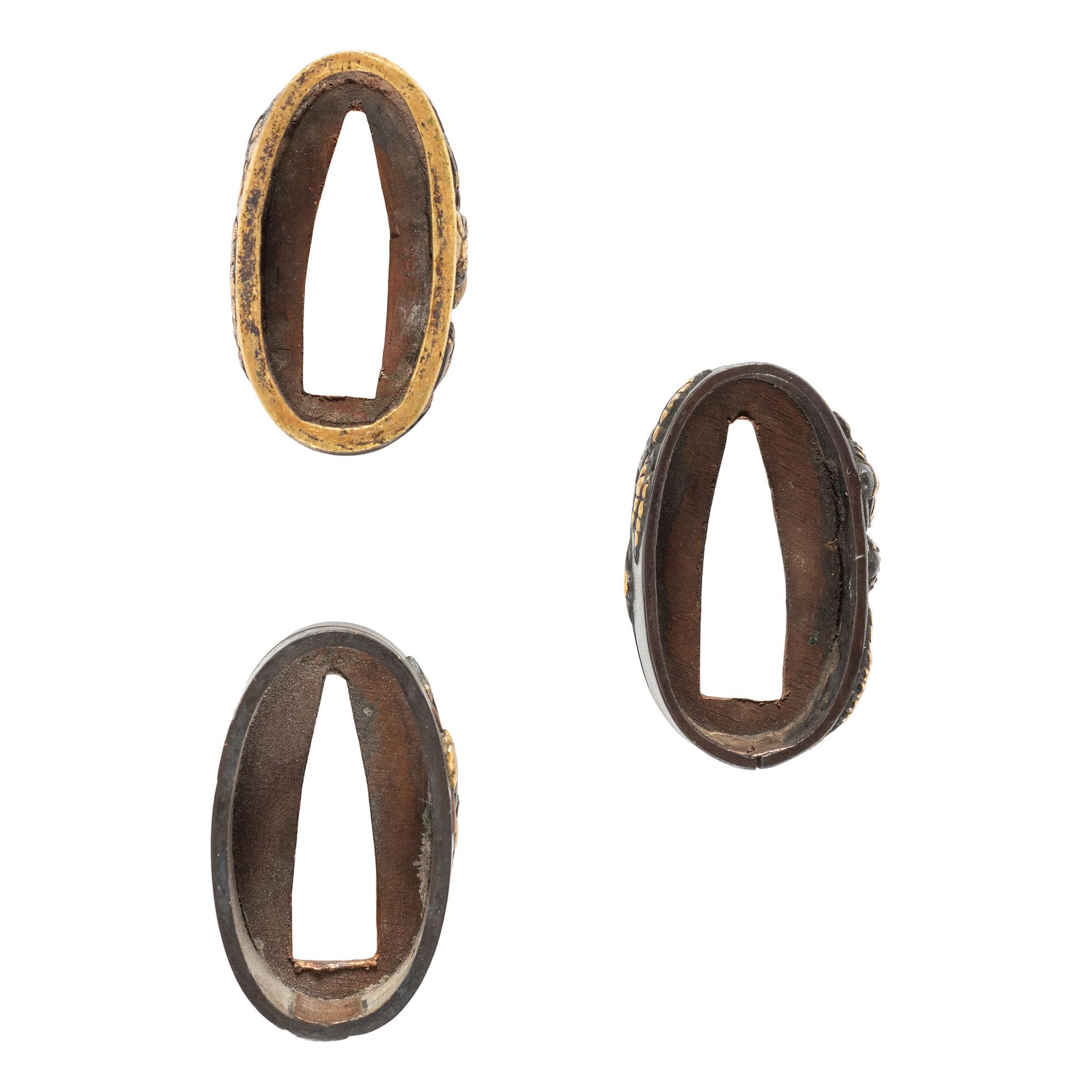 Lot of Three Fuchi and Kashira Sets with Shakudo Warrior Motifs