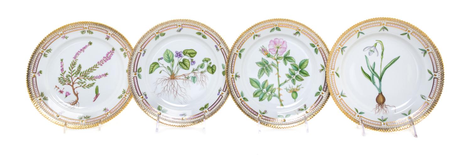 A Set of Four Royal Copenhagen Flora Danica Jubilee Edition Dessert Plates Diameter 8 5/8 inches.