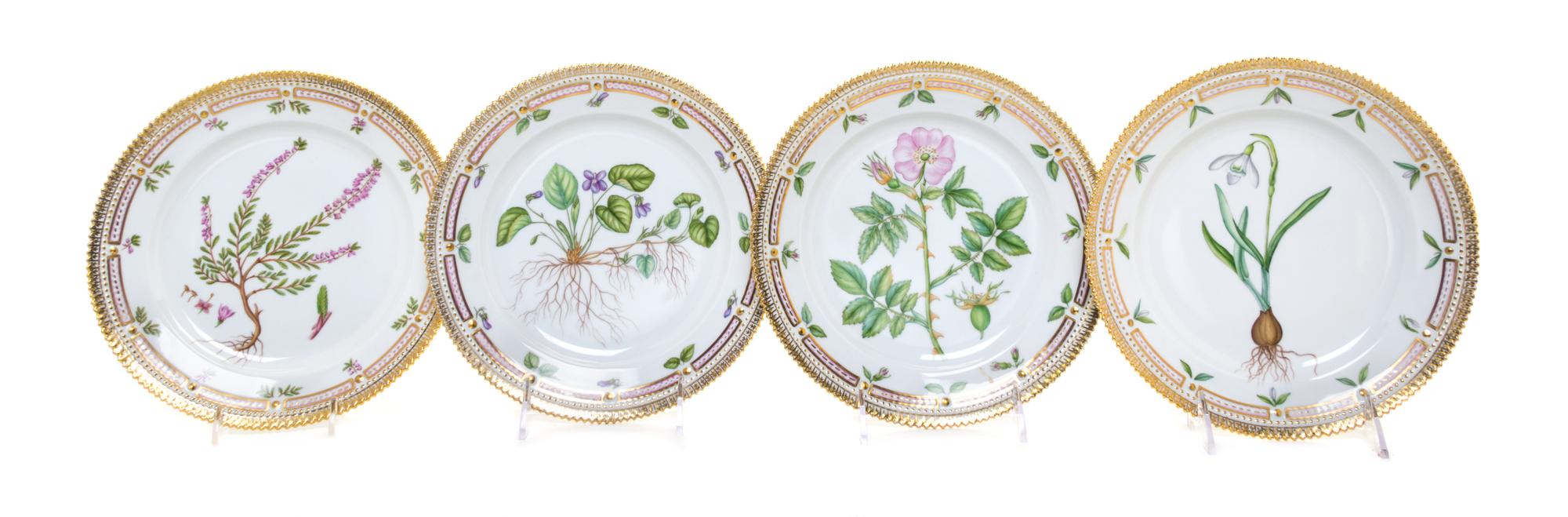 A Set of Four Royal Copenhagen Flora Danica Jubilee Edition Dessert Plates Diameter 8 5/8 inches.