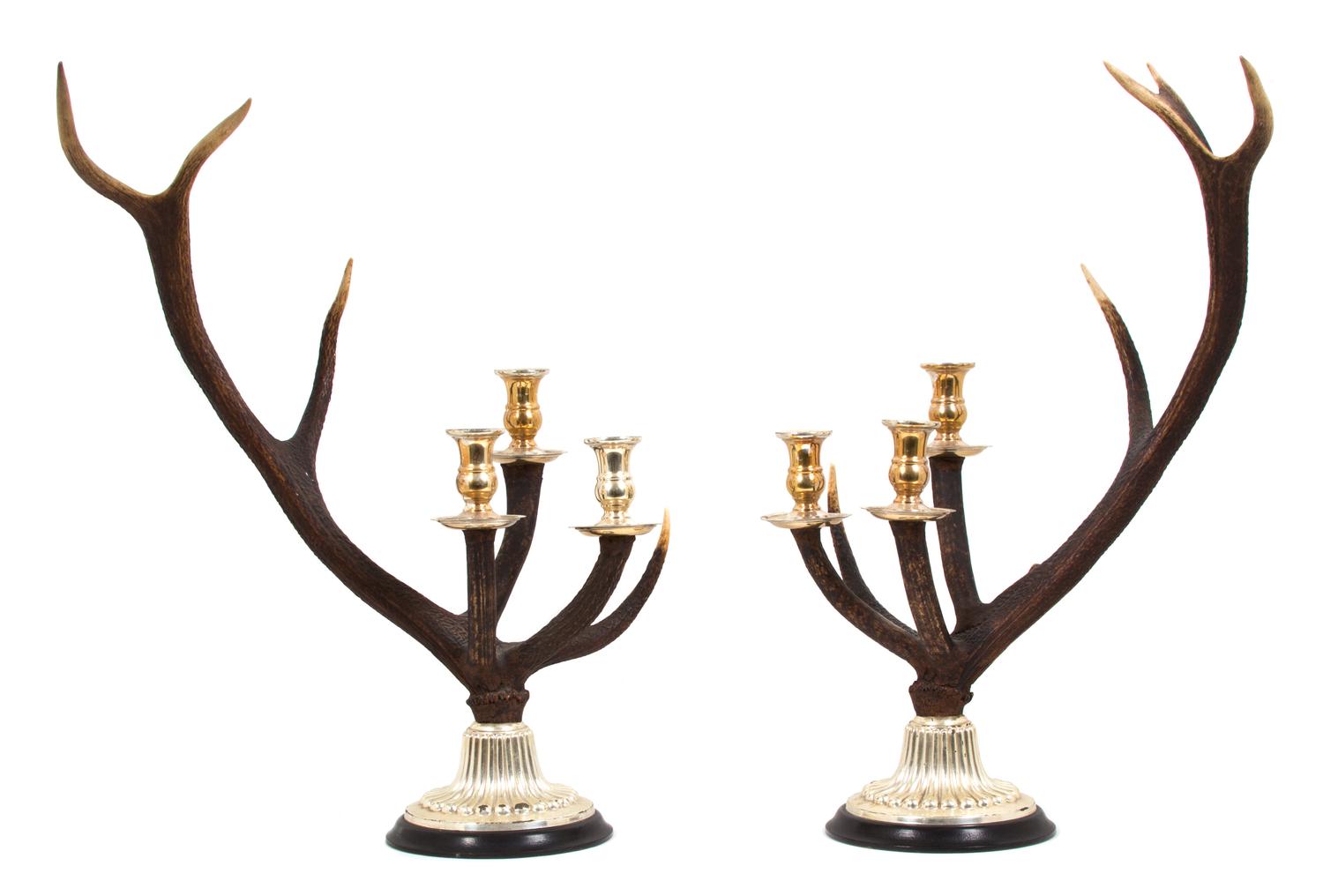 A Pair of English Silver Plate and Antler Three-Light Candelabra Height 26 x width 17 x depth 16 inches. — 20TH CENTURY