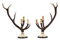 A Pair of English Silver Plate and Antler Three-Light Candelabra Height 26 x width 17 x depth 16 inches. — 20TH CENTURY