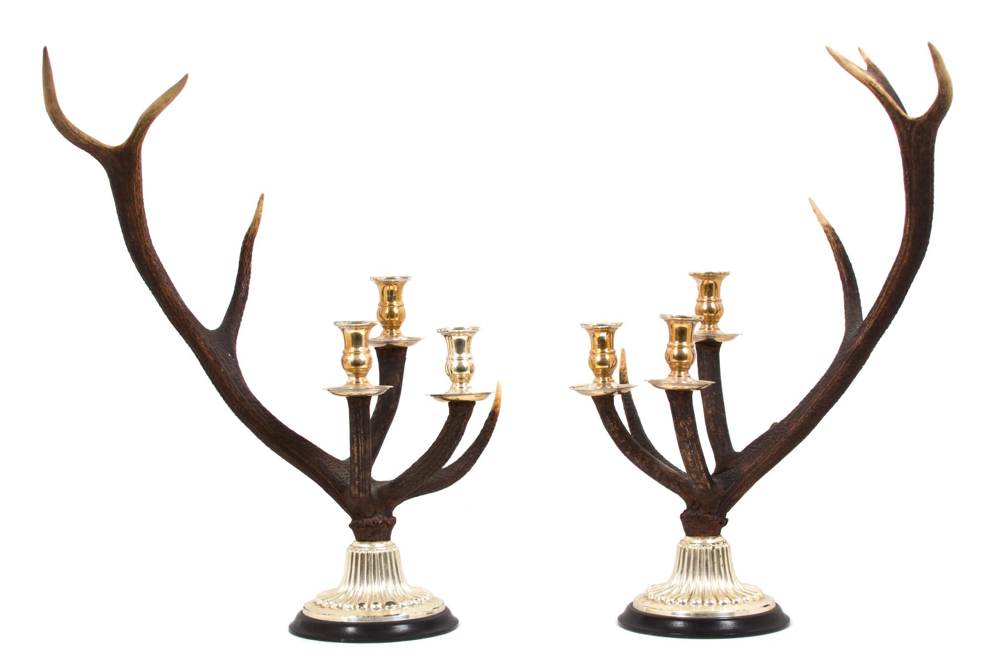 A Pair of English Silver Plate and Antler Three-Light Candelabra Height 26 x width 17 x depth 16 inches. — 20TH CENTURY