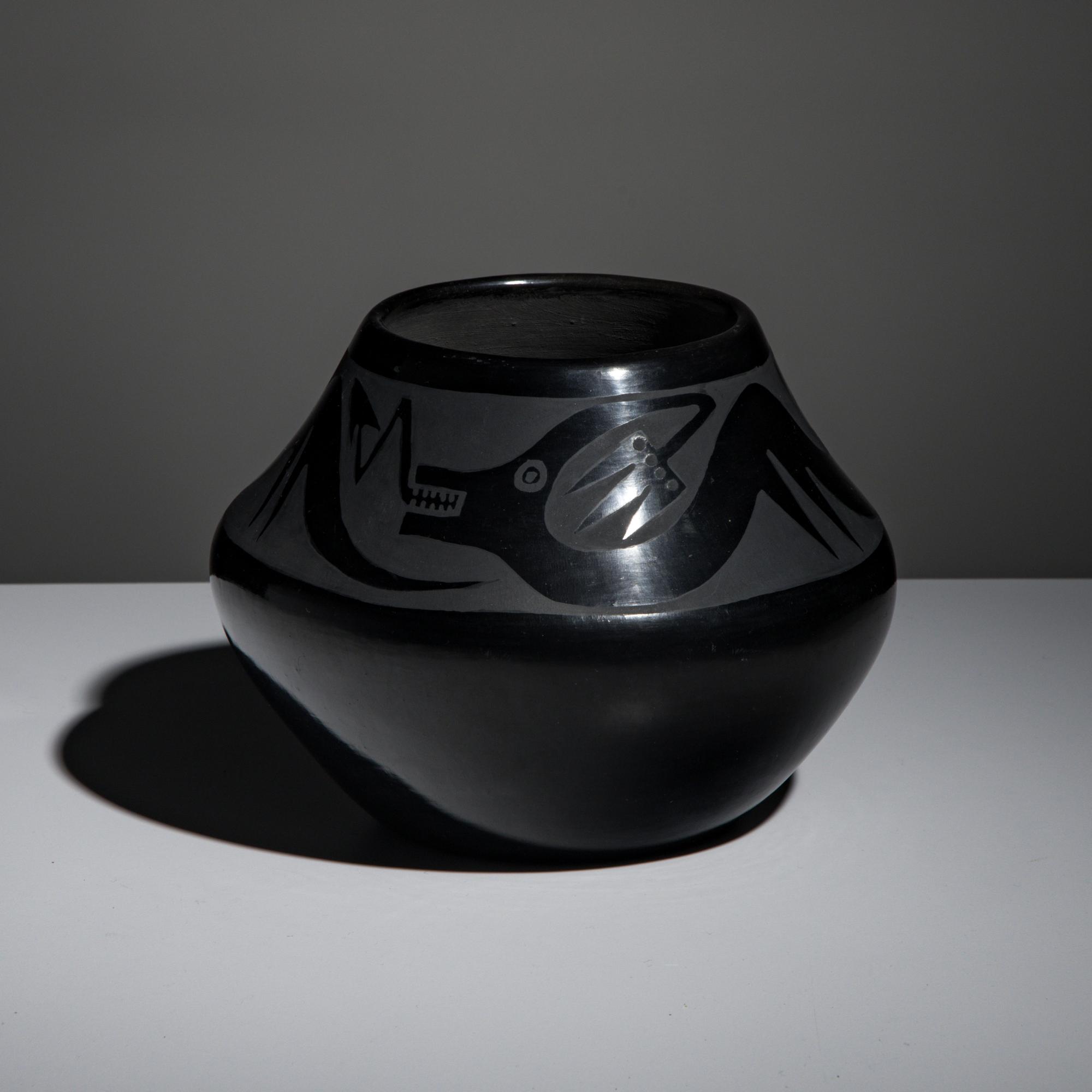 Maria and Santana Martinez (San Ildefonso, 1887-1980 / 1909-2002) — Blackware Pottery Jar, with Avanyu 1954-1956