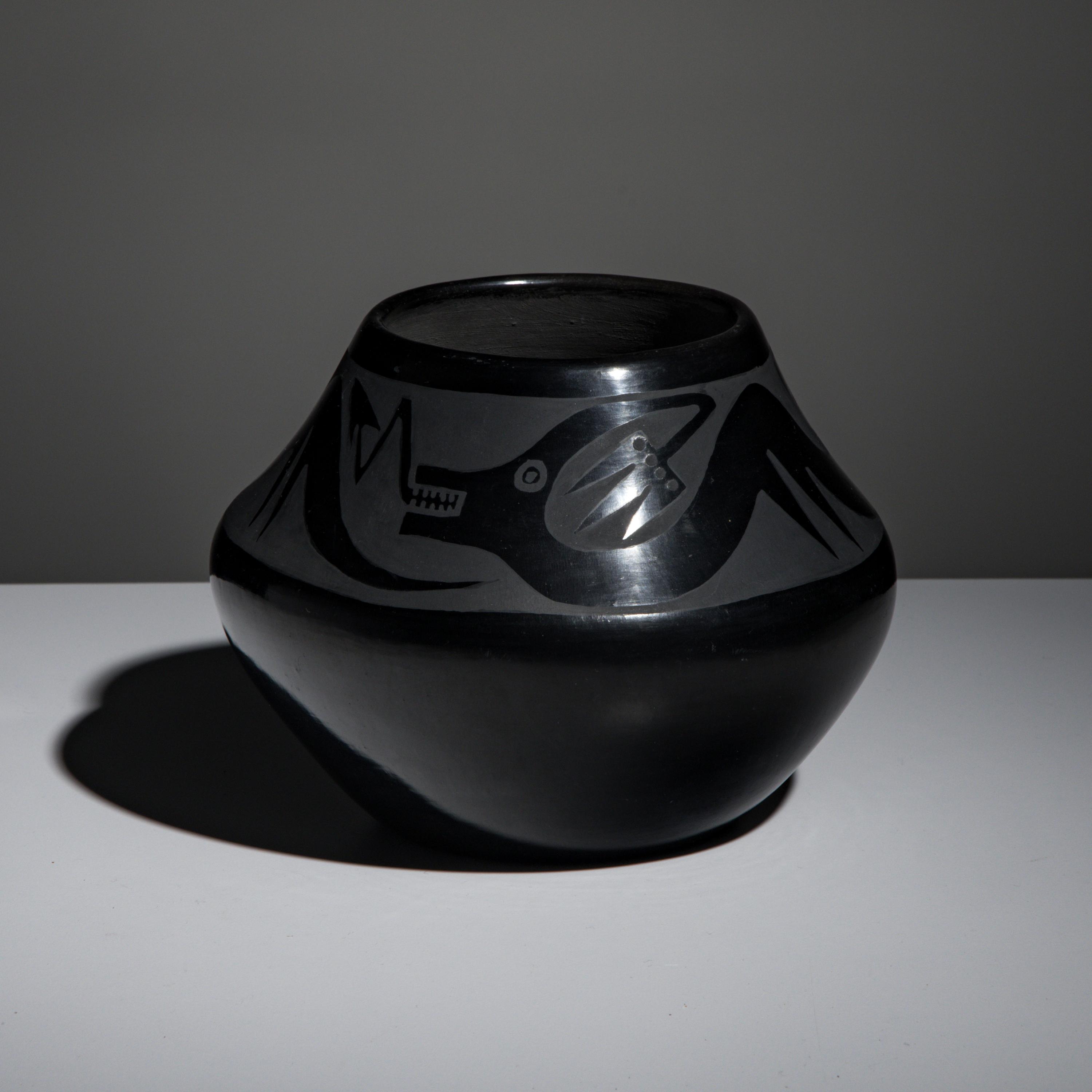 Maria and Santana Martinez (San Ildefonso, 1887-1980 / 1909-2002) — Blackware Pottery Jar, with Avanyu 1954-1956