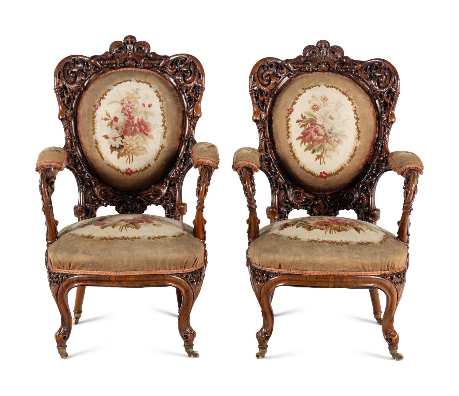 A Pair of Rococo Revival Carved Rosewood Armchairs