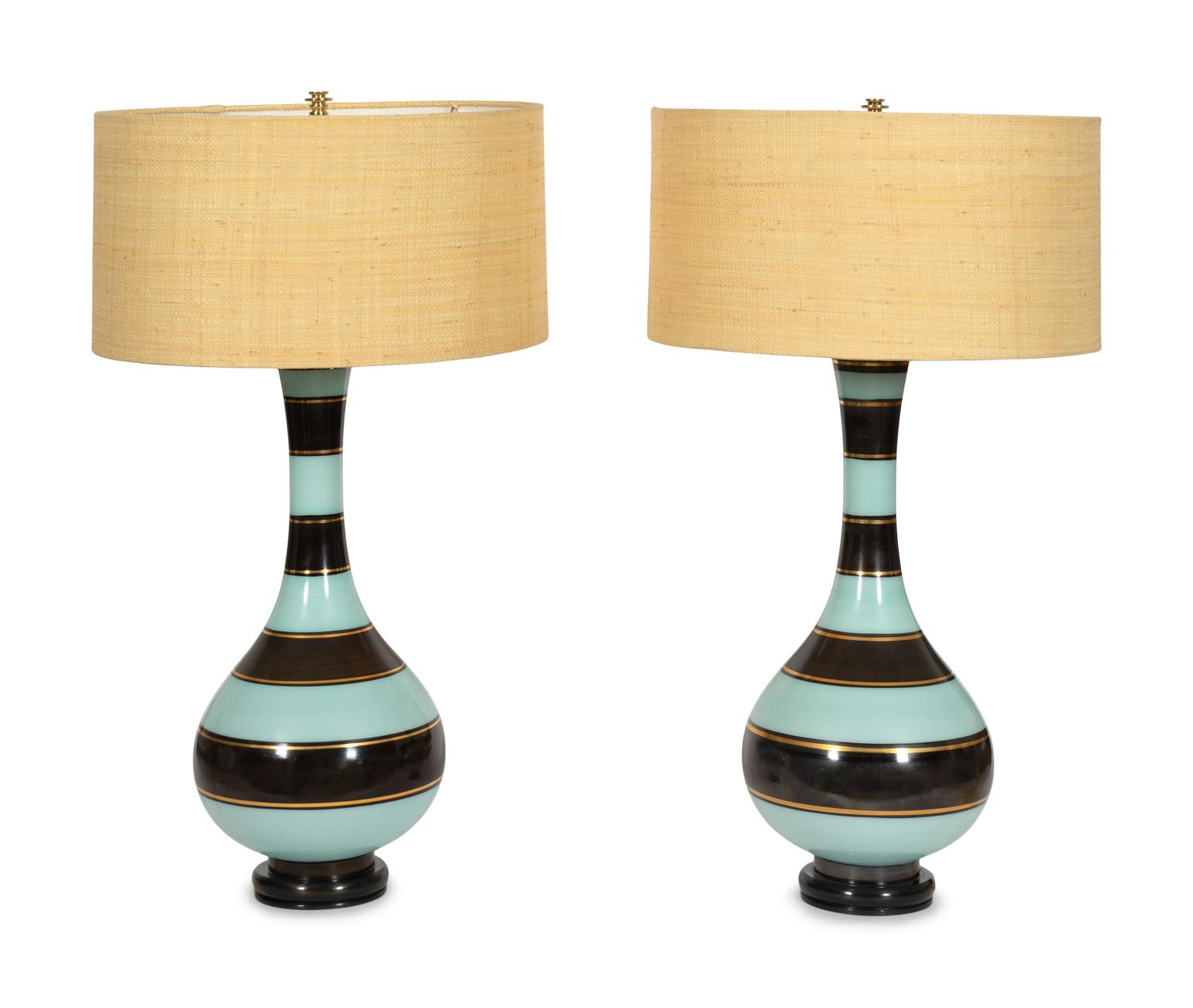 A Pair of French Art Deco Striped Opaline Glass Lamps