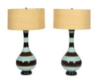 A Pair of French Art Deco Striped Opaline Glass Lamps