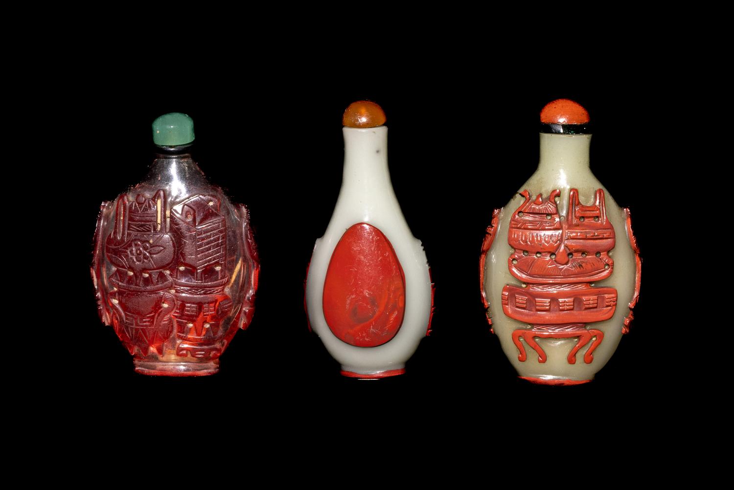 Three Chinese Red Overlay Glass Snuff Bottles
