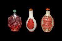 Three Chinese Red Overlay Glass Snuff Bottles