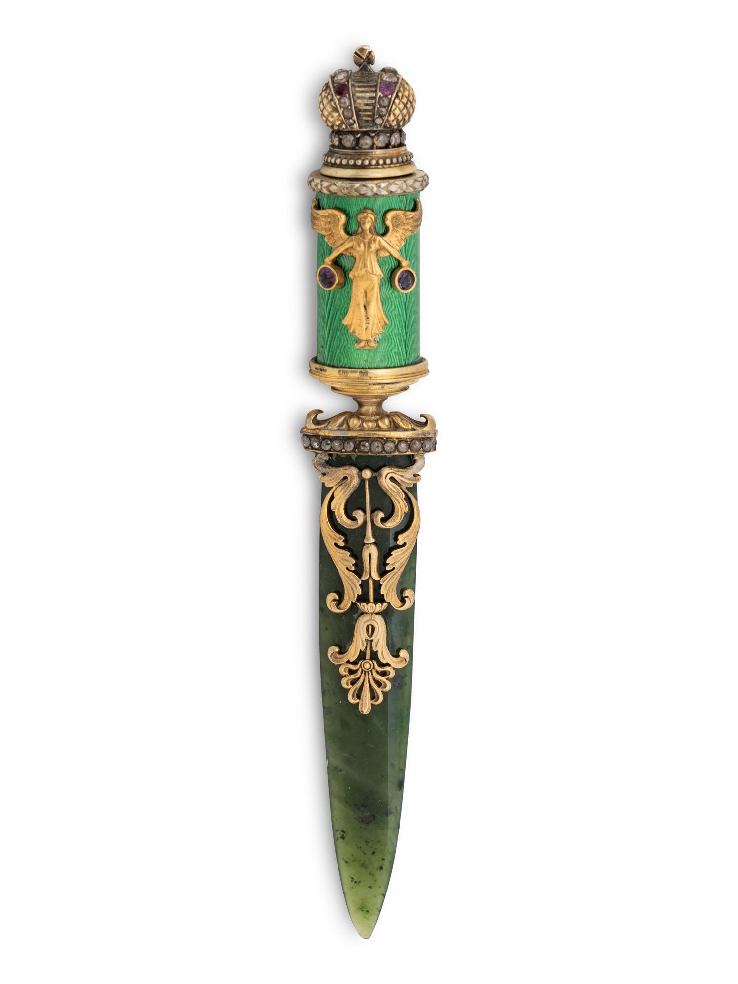 A Russian Spinach Jade and Jewel Mounted Silver Gilt and Guilloché Enameled Letter Opener