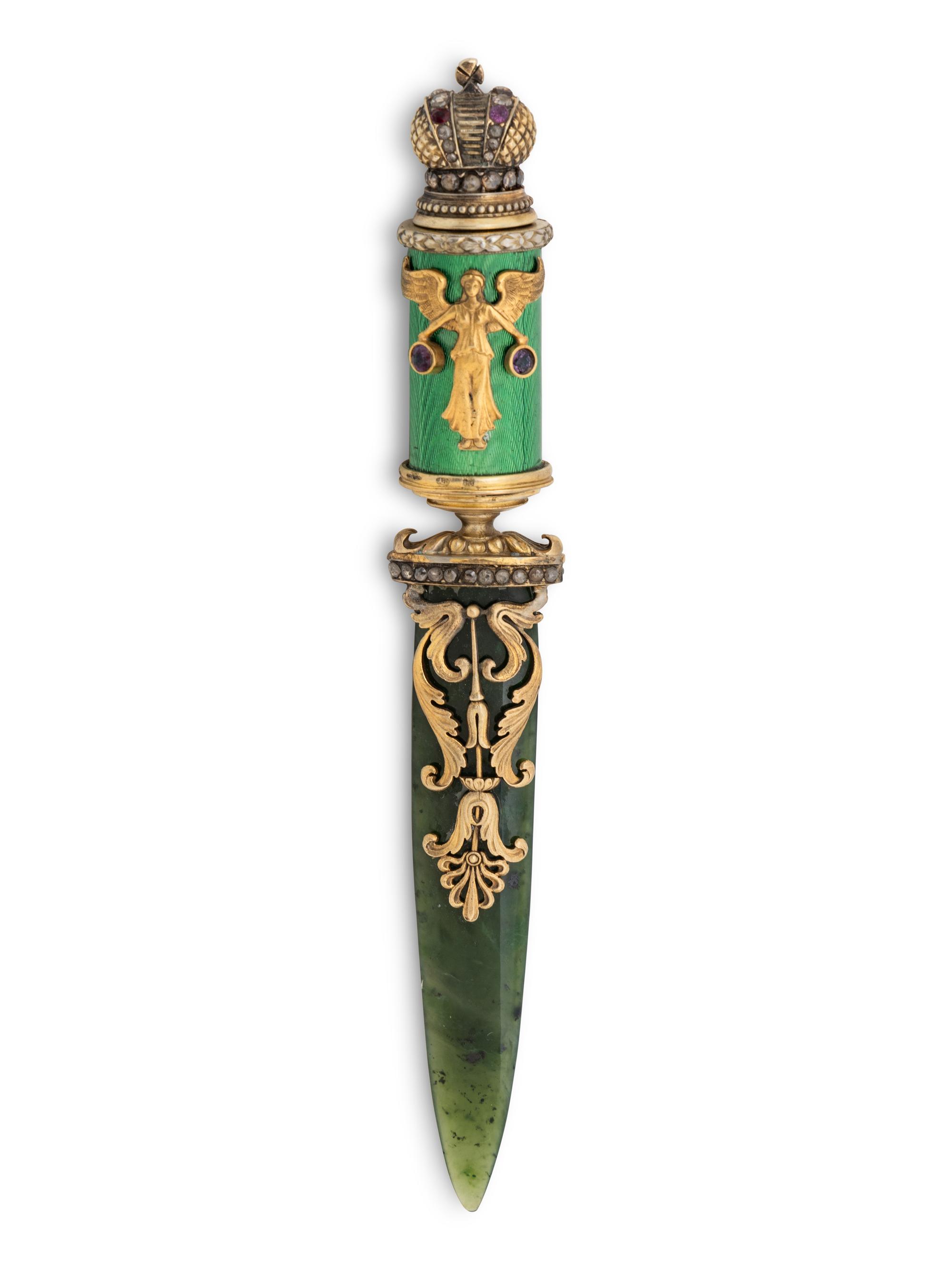 A Russian Spinach Jade and Jewel Mounted Silver Gilt and Guilloché Enameled Letter Opener