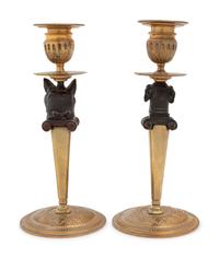 A Pair of Continental Gilt and Patinated Bronze Figural Candlesticks