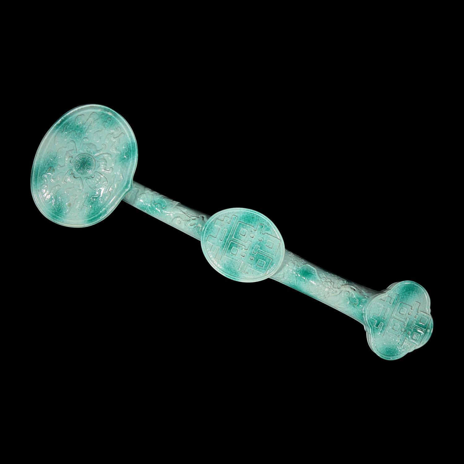 A Chinese Porcelain Imitating Jadeite Ruyi Scepter, Late Qing/Republic Period 晚清-民國 仿翡翠釉雲蝠雙喜紋瓷如意
