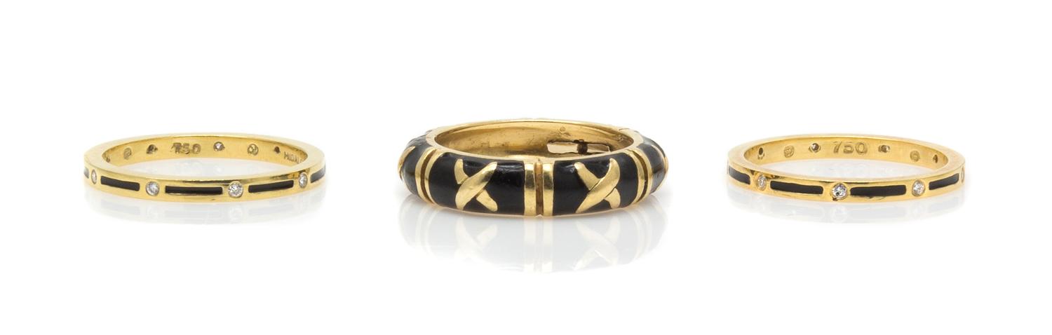A Collection of 18 Karat Yellow Gold, Diamond and Enamel Rings, Hidalgo, 8.20 dwts.
