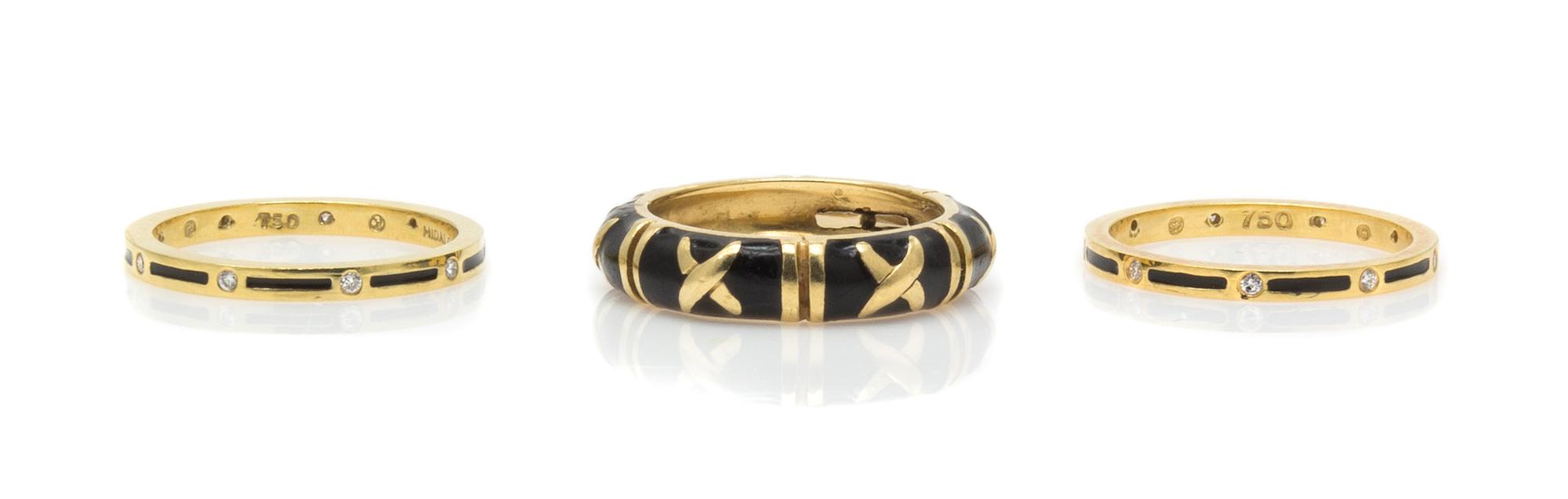 A Collection of 18 Karat Yellow Gold, Diamond and Enamel Rings, Hidalgo, 8.20 dwts.