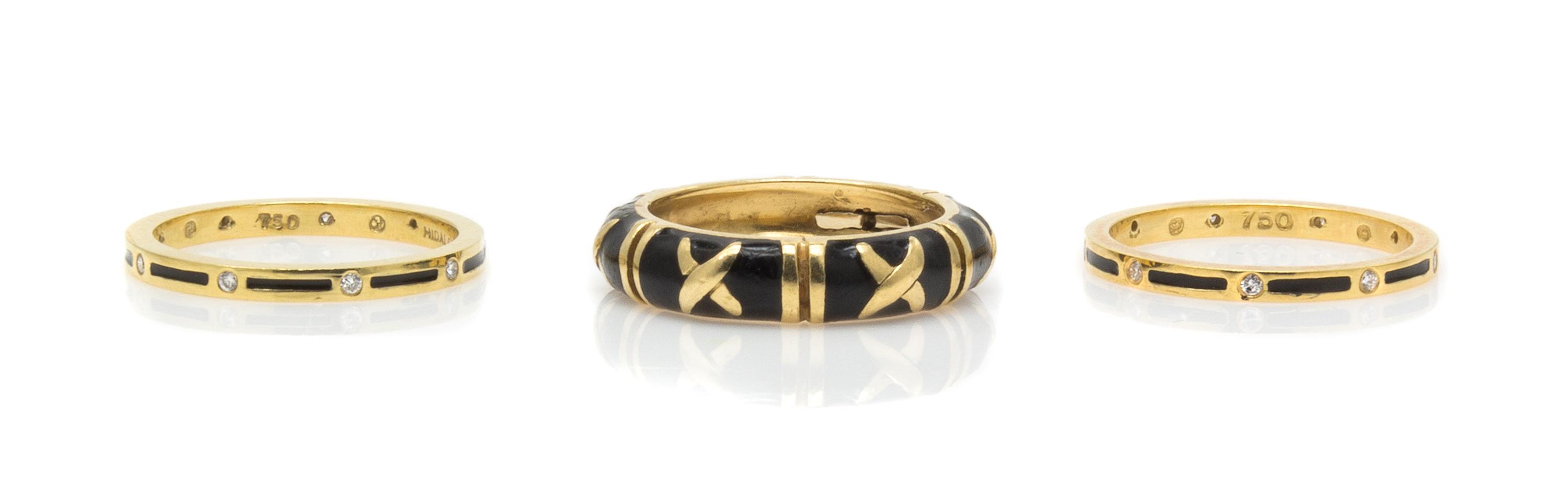 A Collection of 18 Karat Yellow Gold, Diamond and Enamel Rings, Hidalgo, 8.20 dwts.