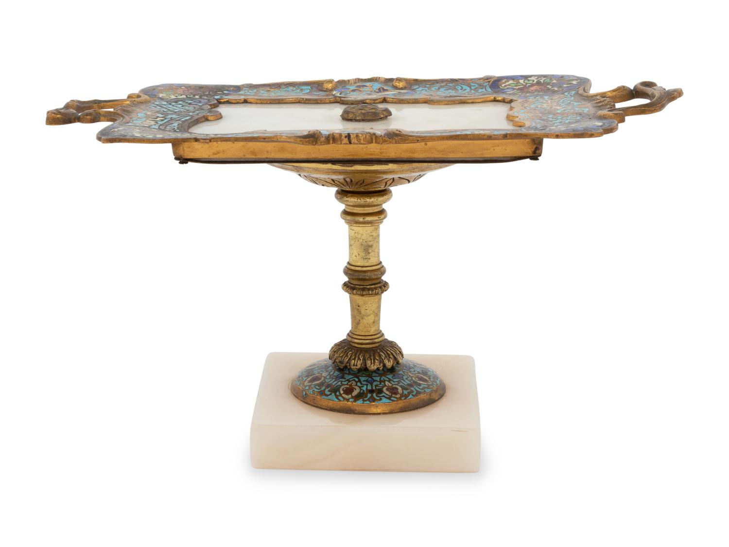 A French Gilt Metal, Champlevé and Alabaster Card Tray