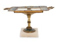 A French Gilt Metal, Champlevé and Alabaster Card Tray