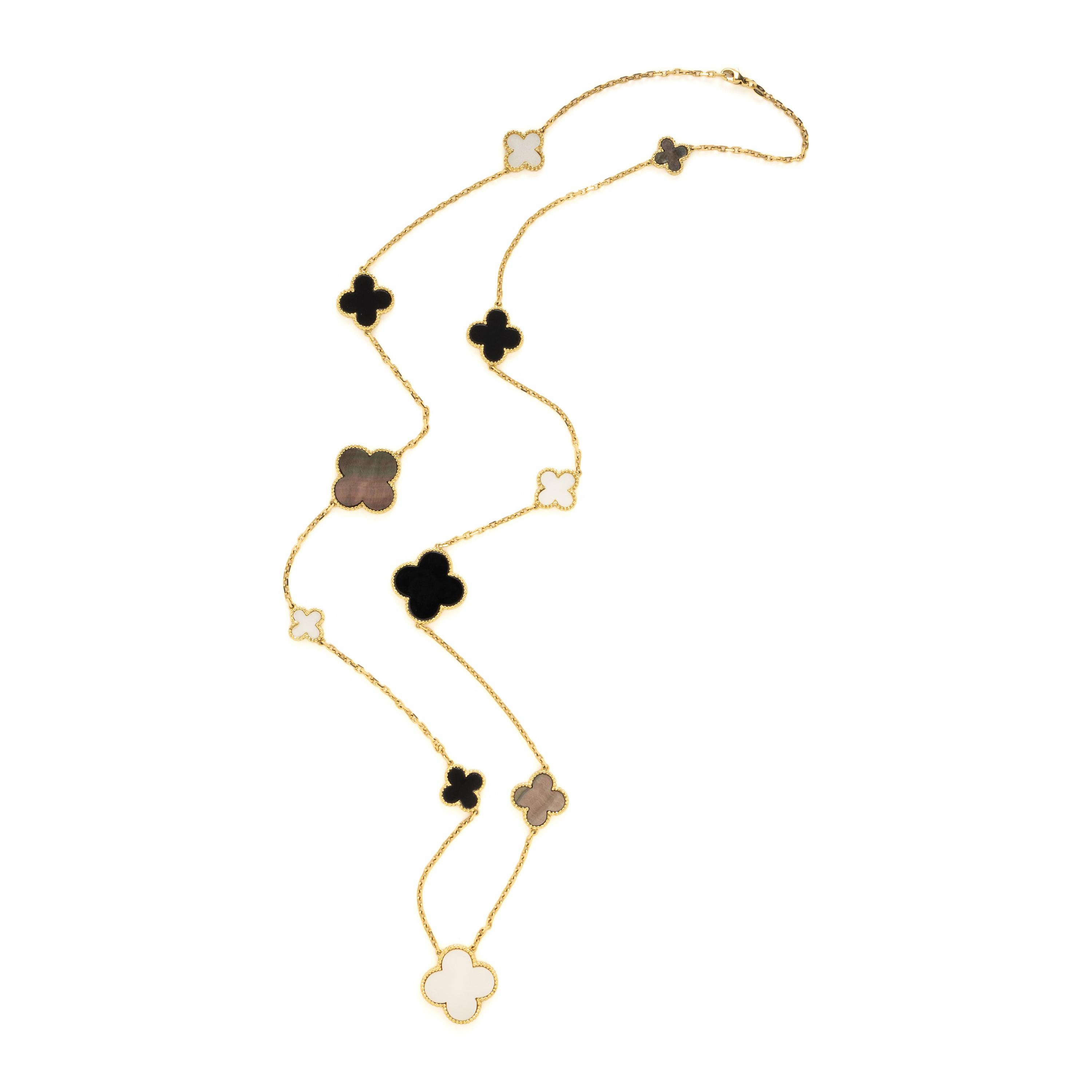 Mother-of-Pearl, Onyx, and Yellow Gold Quatrefoil Necklace