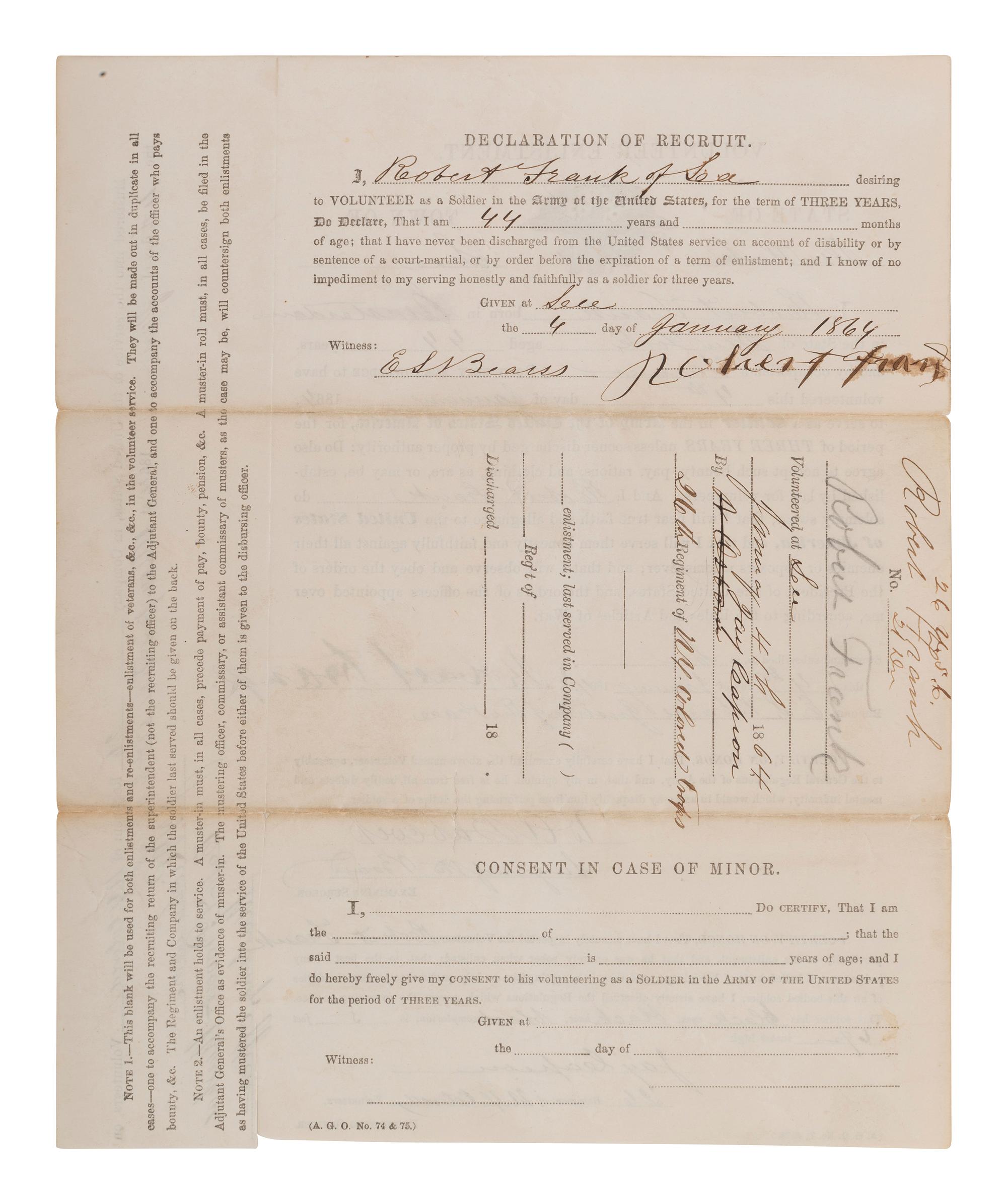 [AFRICAN AMERICANA - CIVIL WAR]. FRANK, Robert. Partly printed volunteer enlistment document, 26th New York Colored Volunteers, or 26th USCT. Lee, New York, 4 January 1864.