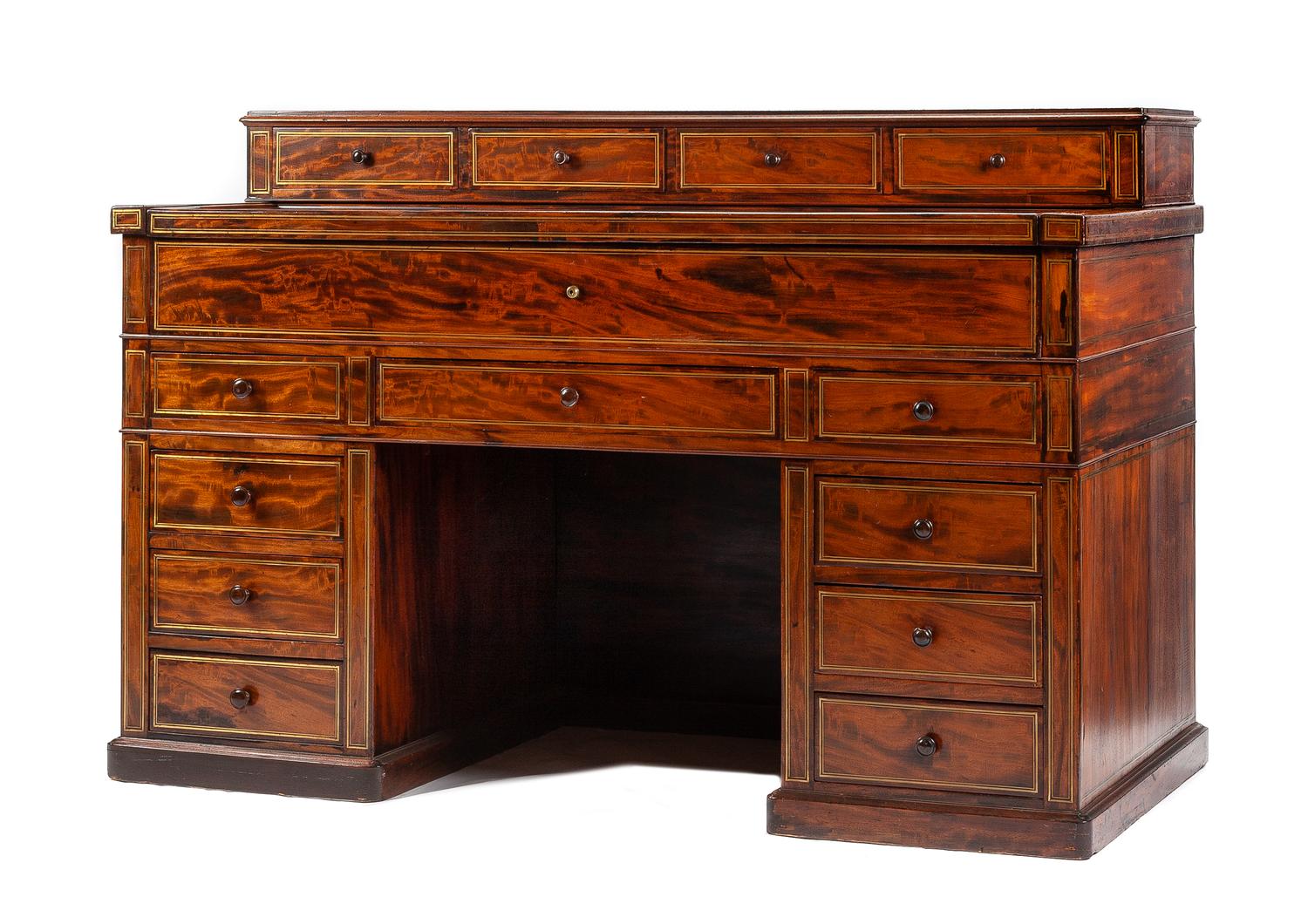 An English Brass Banded Mechanical Desk Height 42 1/2 x width 63 1/2 x depth 30 3/4 inches.