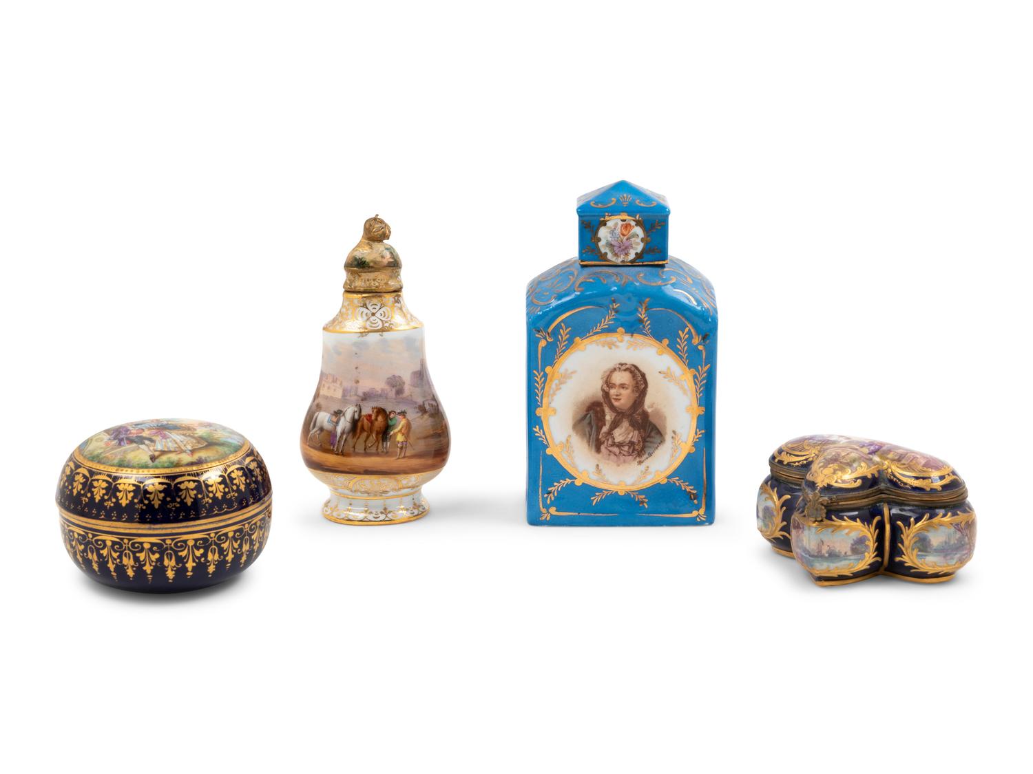 Two Sevres Style Porcelain Boxes and Two Continental Porcelain Tea Caddies
