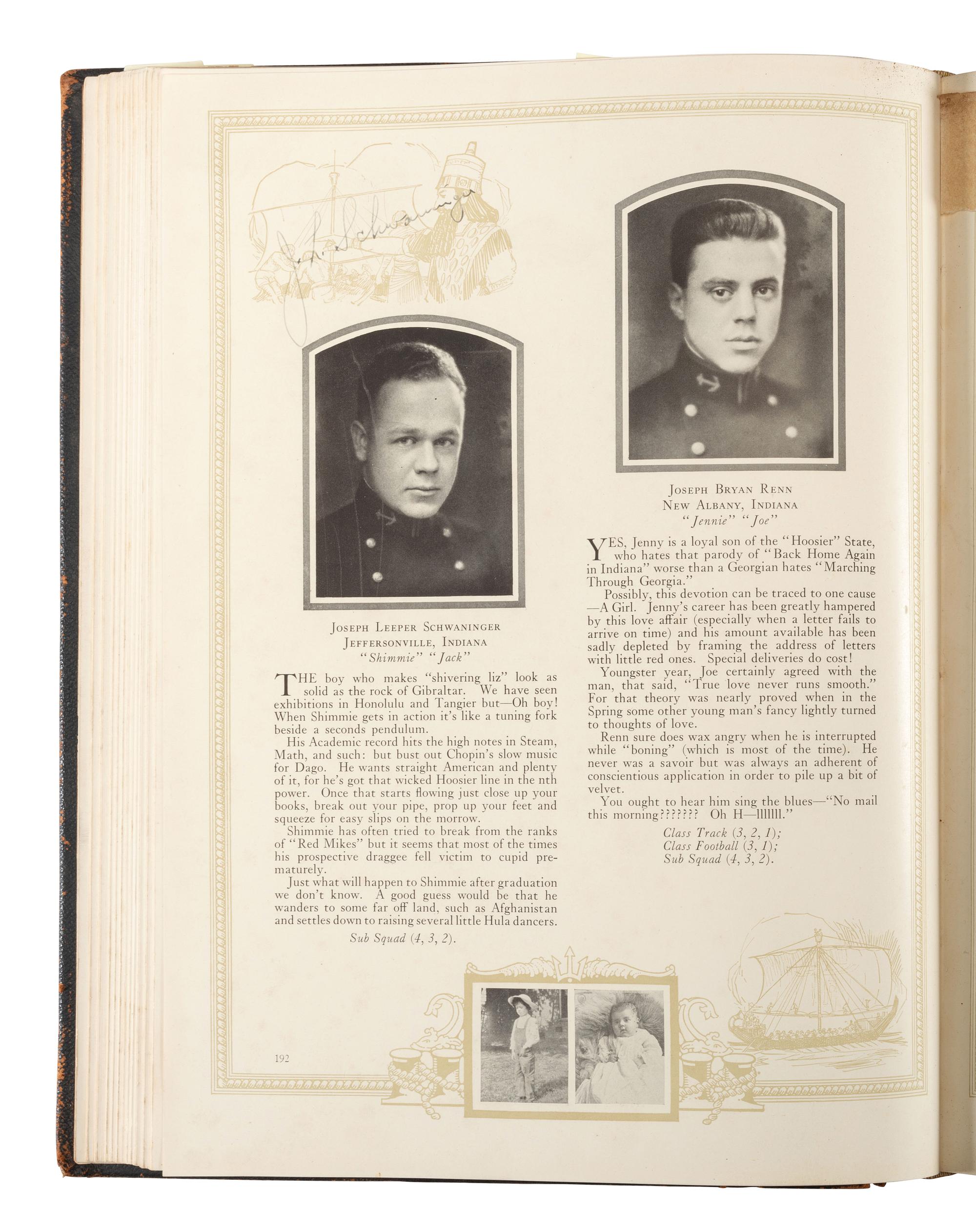[WORLD WAR II]. US Naval Academy pin for 1923 and submariner's pin belonging to Carl K. Zimmerman, plus 1923 Lucky Bag belonging to J.B. Renn.