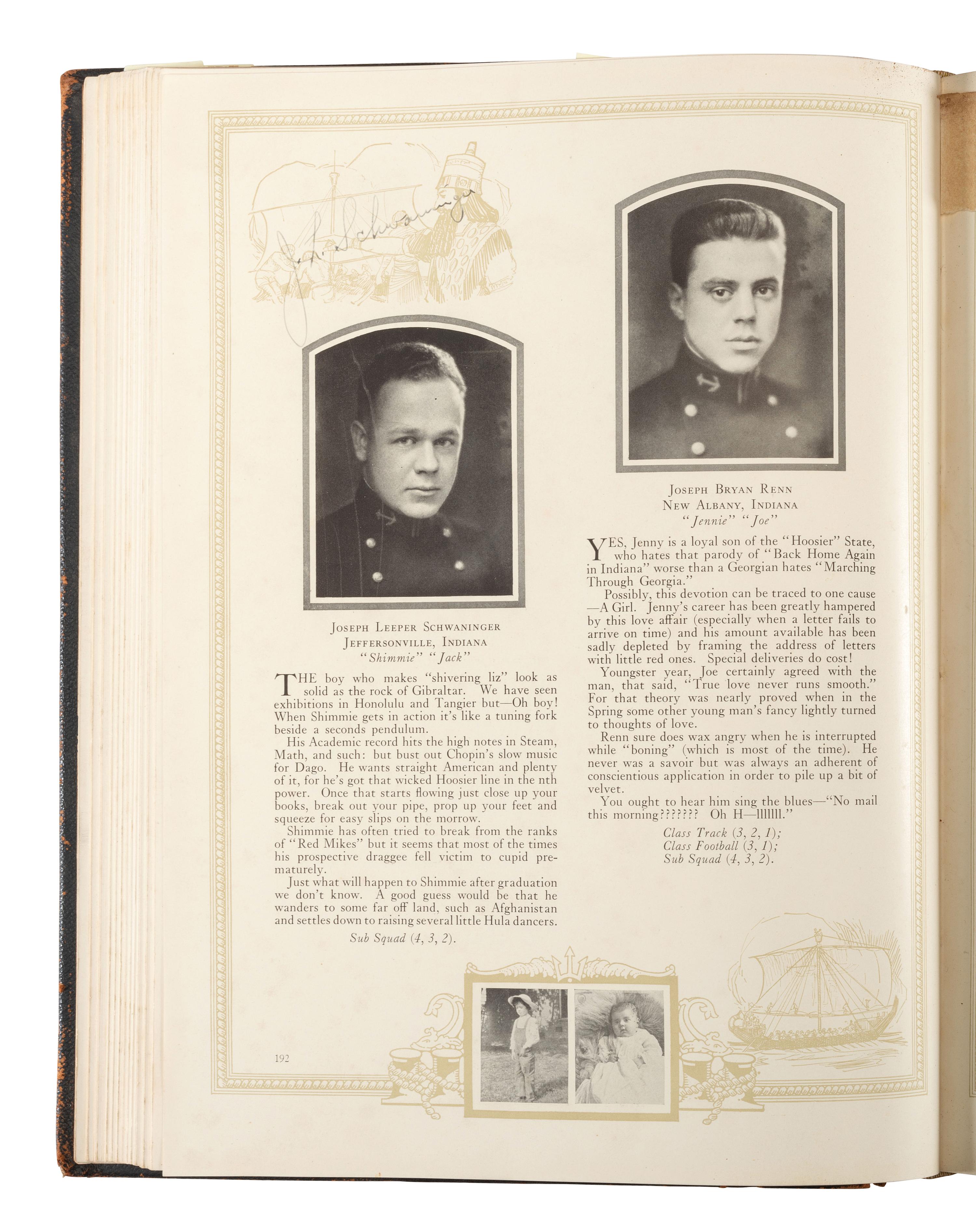 [WORLD WAR II]. US Naval Academy pin for 1923 and submariner's pin belonging to Carl K. Zimmerman, plus 1923 Lucky Bag belonging to J.B. Renn.