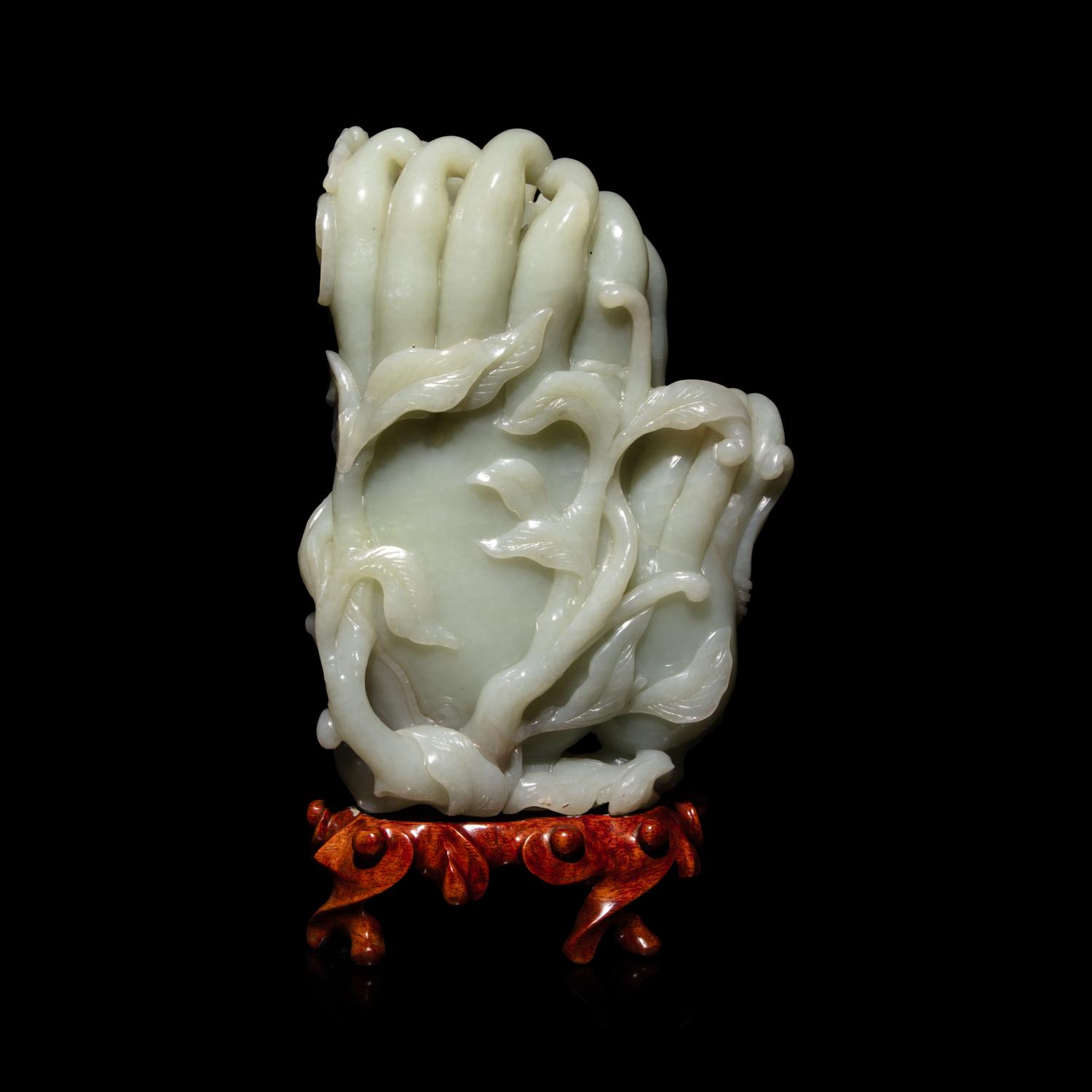 A Chinese Celadon Jade Buddha's Hand Citrus Brushpot, Bitong, 20th Century — 近代 青玉佛手式筆筒