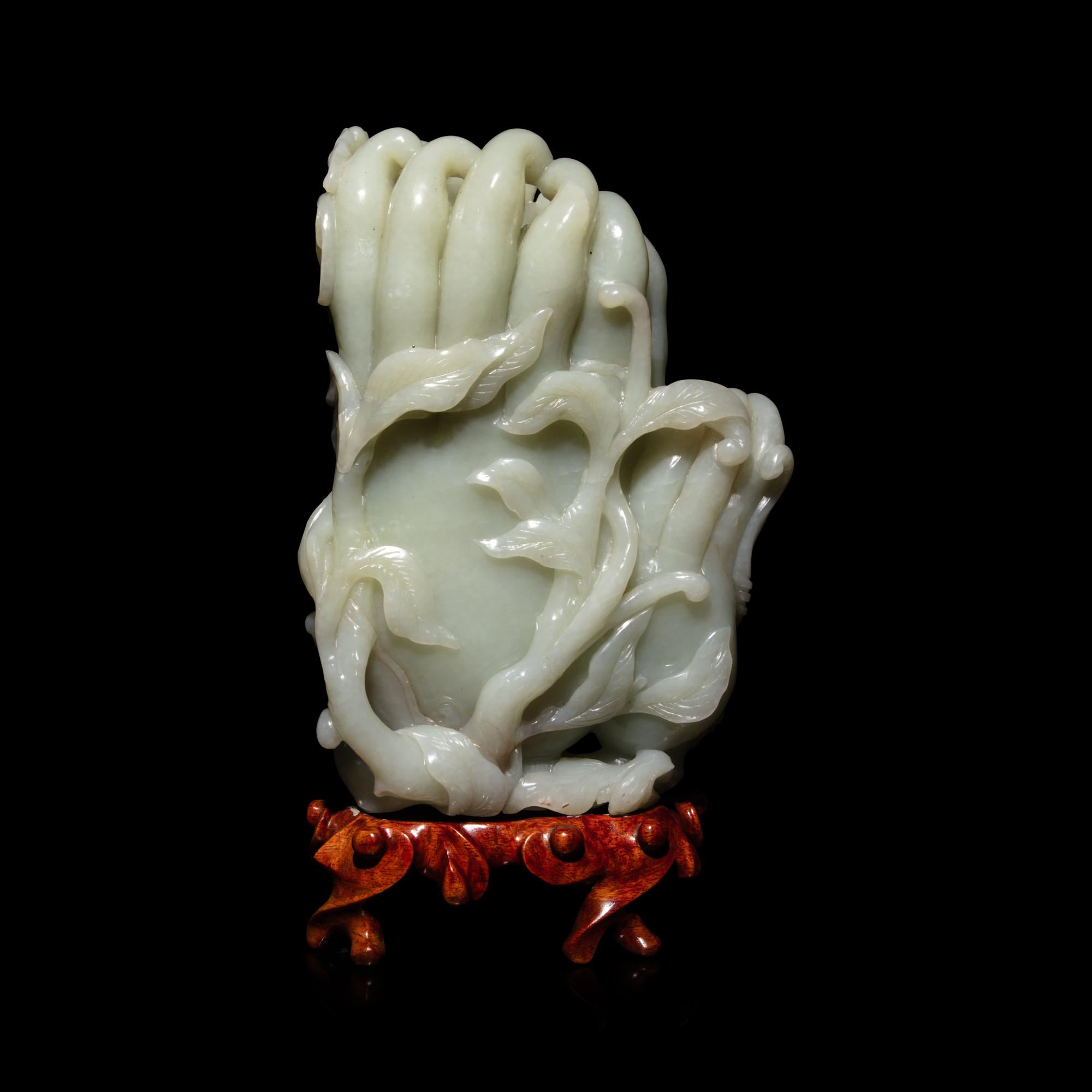 A Chinese Celadon Jade Buddha's Hand Citrus Brushpot, Bitong, 20th Century — 近代 青玉佛手式筆筒