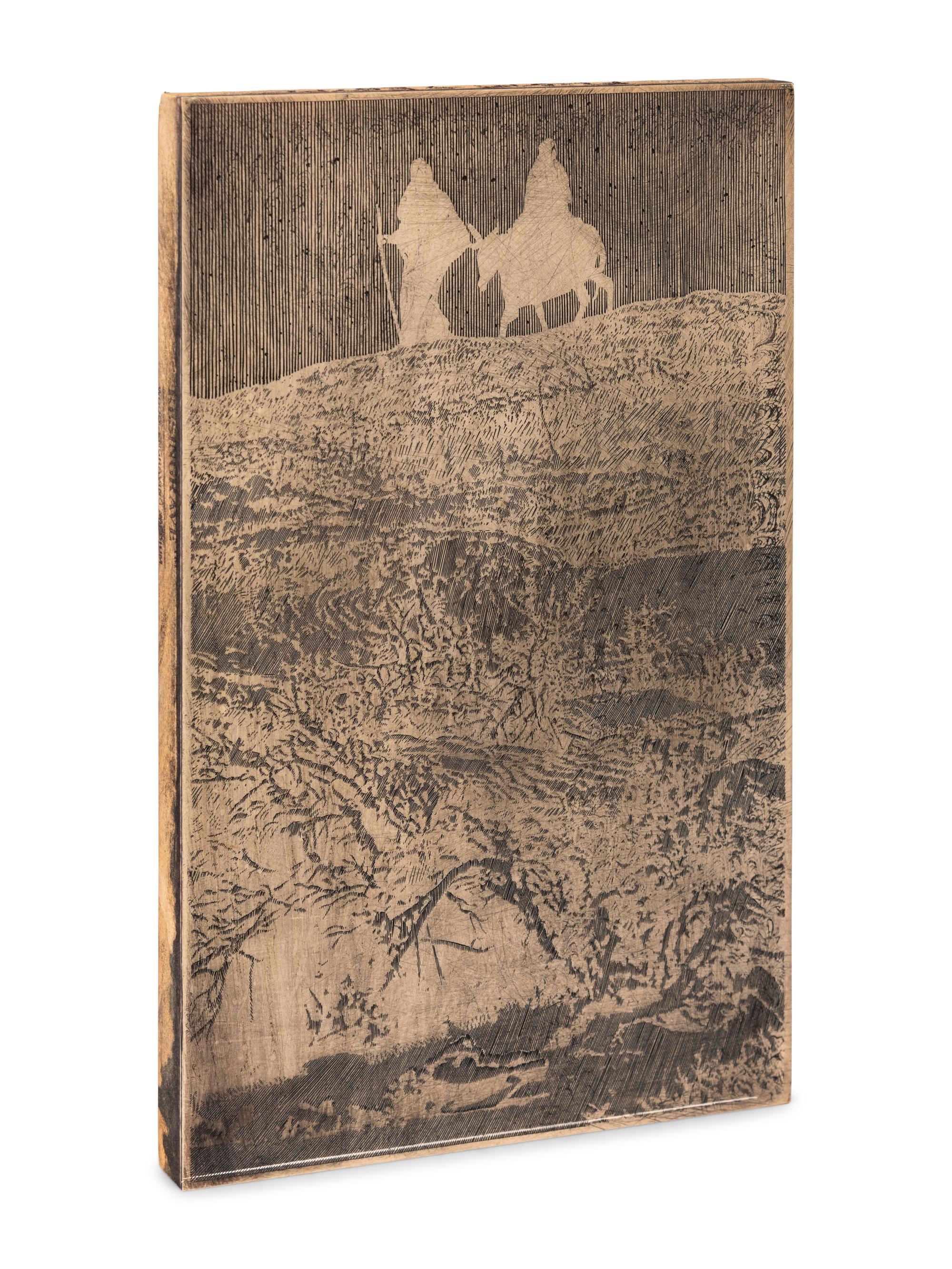 MOSER, Barry. An original engraved Resingrave block for The Flight into Egypt used to illustrate The Pennyroyal Caxton Bible. 1997. 293 x 185 x 21 mm. Titled in marker by Moser on top edge. The block has an almost imperceptible cancellation line scribed along the extreme lower edge of the engraved surface.