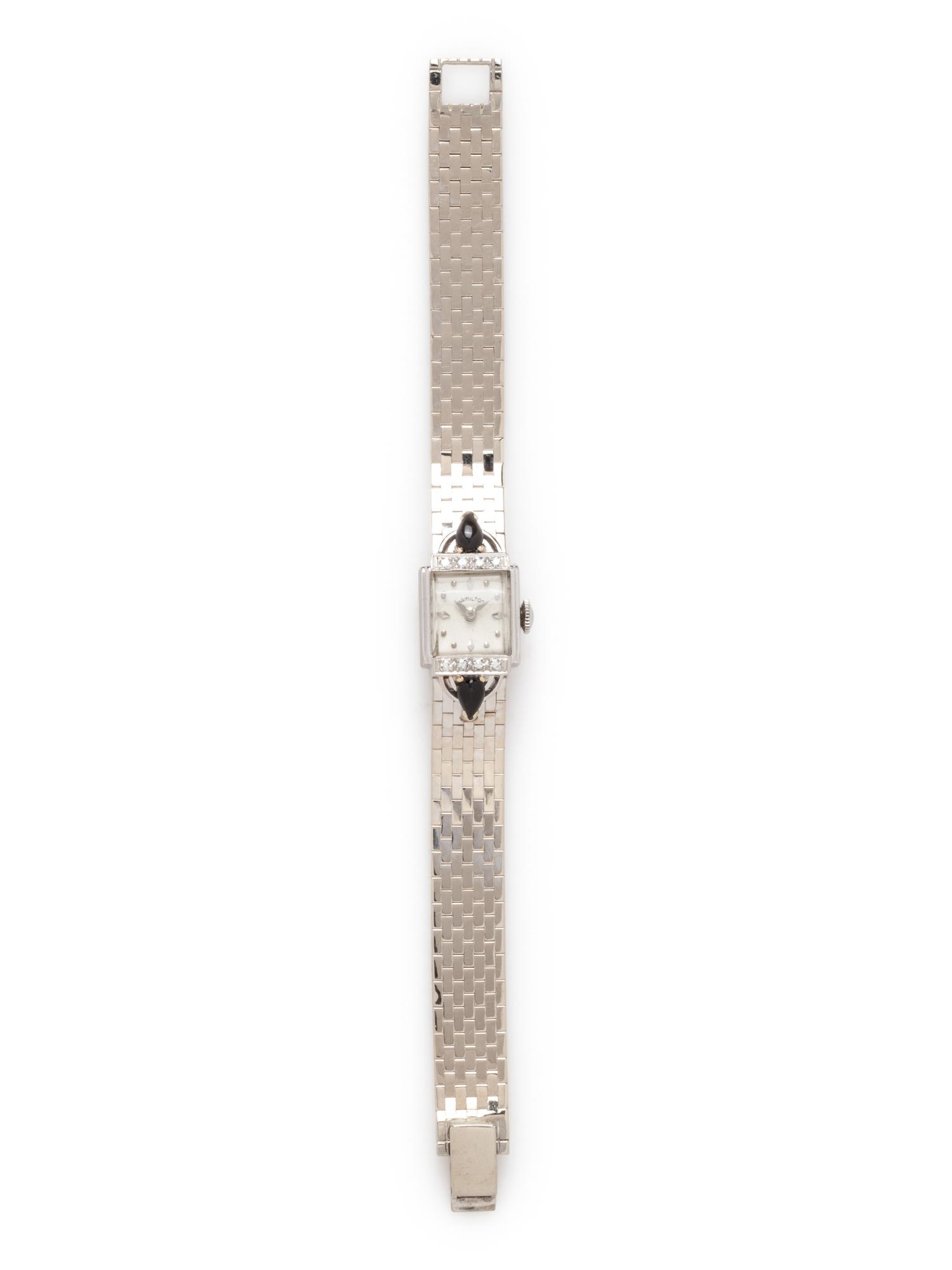 HAMILTON, 14K WHITE GOLD, ONYX AND DIAMOND WRISTWATCH