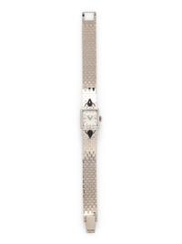 HAMILTON, 14K WHITE GOLD, ONYX AND DIAMOND WRISTWATCH