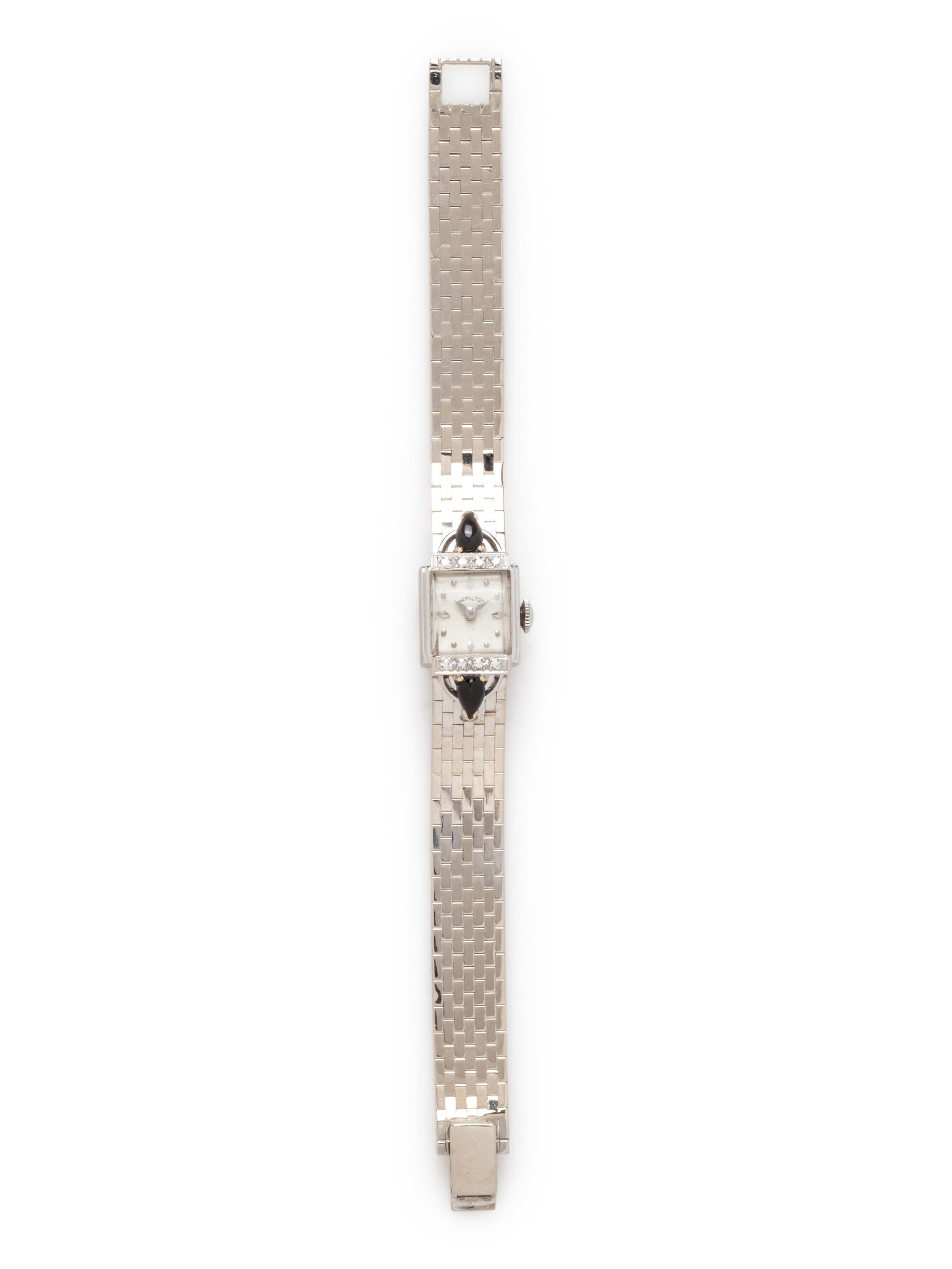 HAMILTON, 14K WHITE GOLD, ONYX AND DIAMOND WRISTWATCH