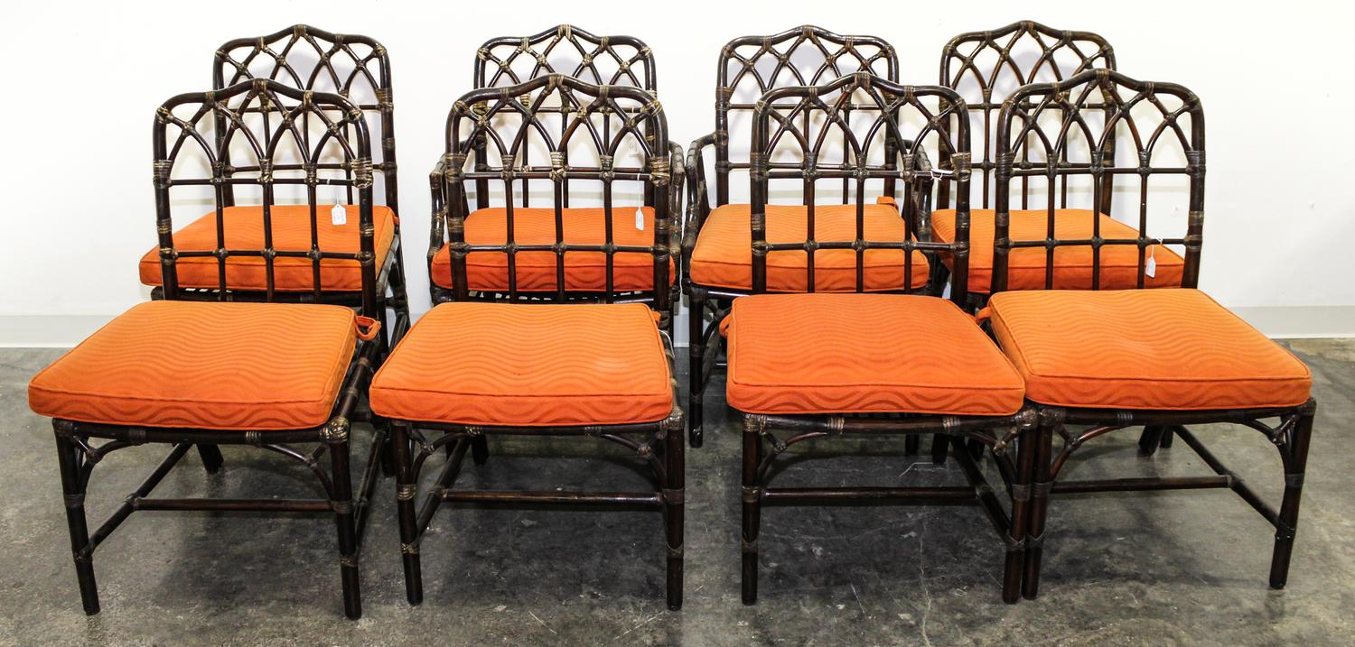 A Set of Eight Rattan Dining Chairs Height 36 1/2 x width 18 x depth 24 inches. — McGUIRE, SAN FRANCISCO, CA