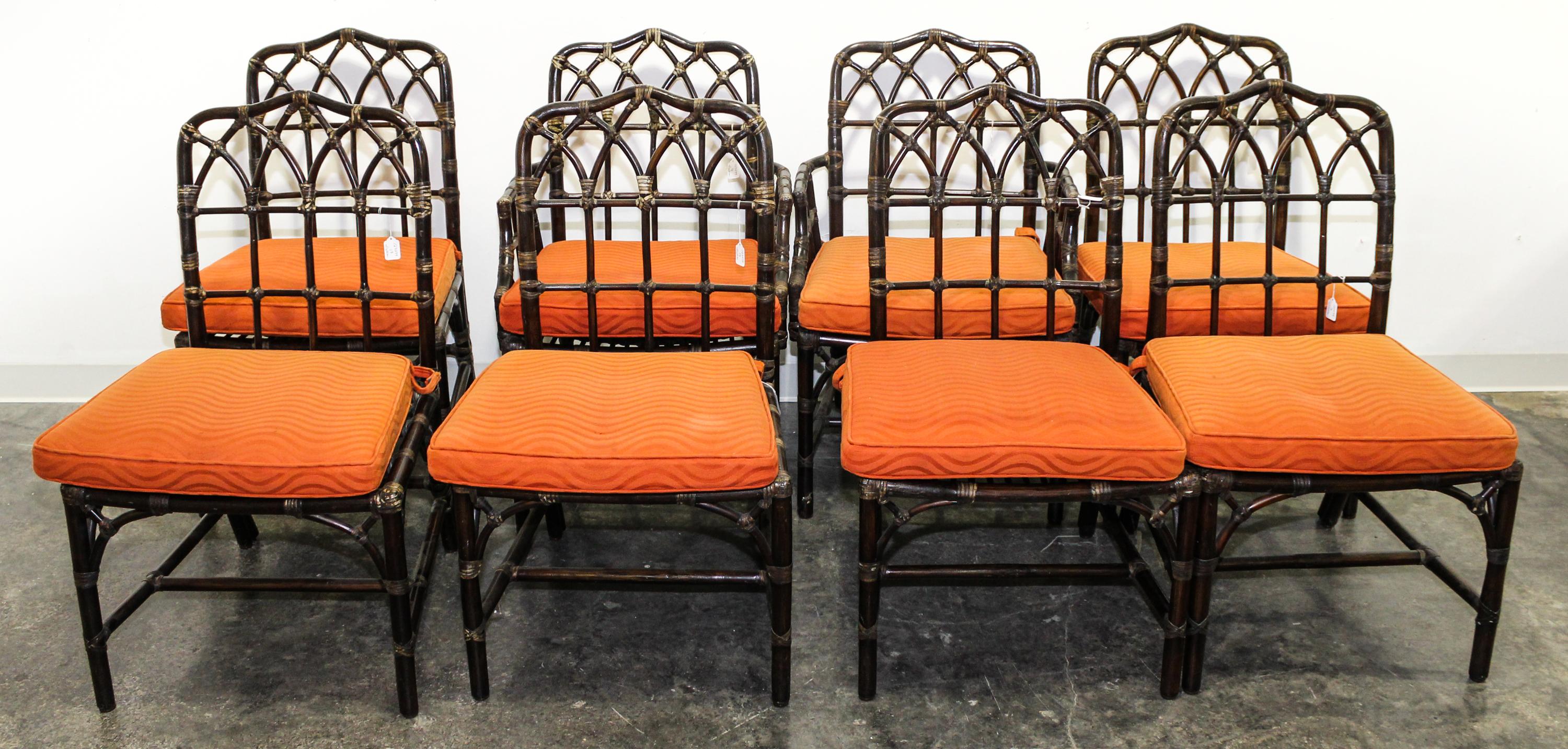 A Set of Eight Rattan Dining Chairs Height 36 1/2 x width 18 x depth 24 inches. — McGUIRE, SAN FRANCISCO, CA