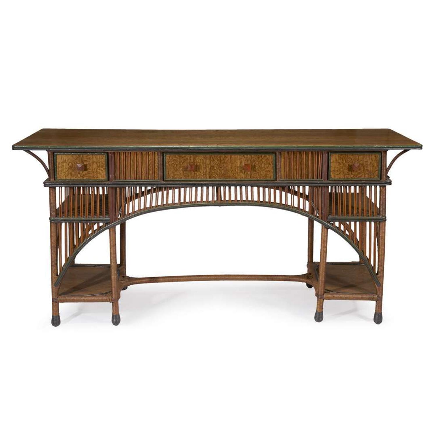 A polychrome painted rattan and oak console table american, circa 1900