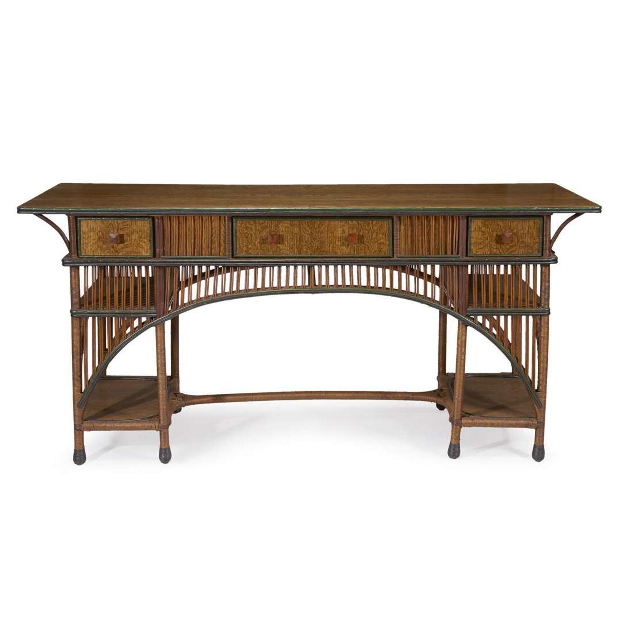 A polychrome painted rattan and oak console table american, circa 1900