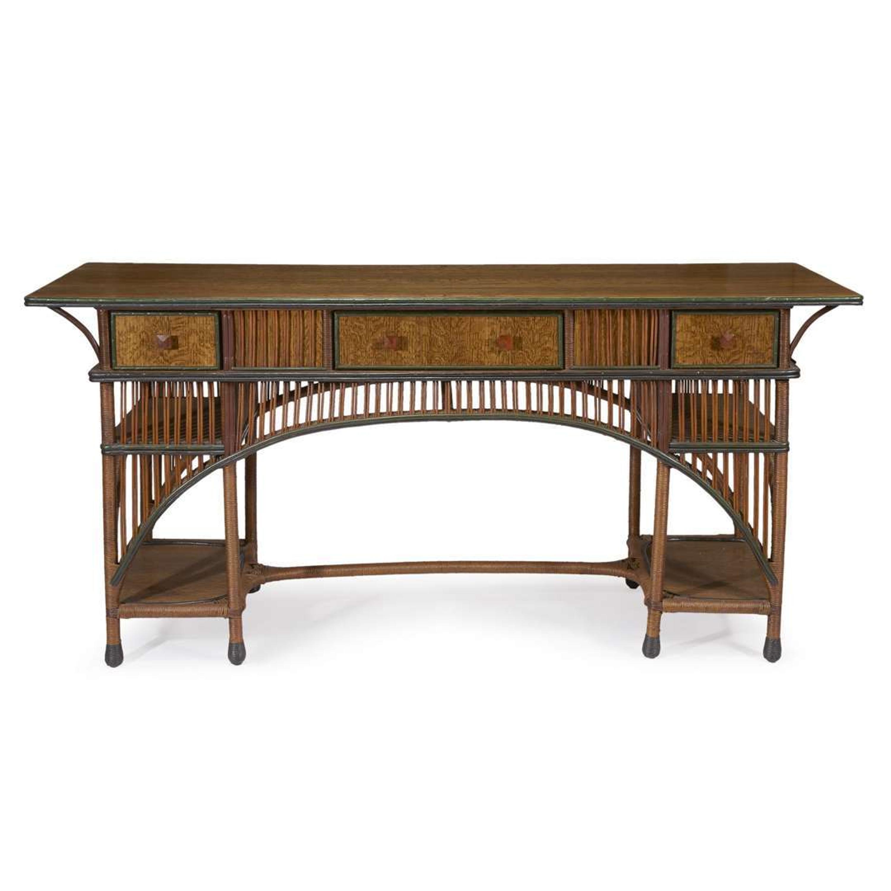 A polychrome painted rattan and oak console table american, circa 1900