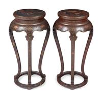 A Pair of Chinese Brown Ground Polychrome Painted Flower Stands
