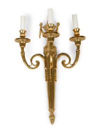 A Set of Four Louis XVI Style Three-Light Brass Sconces — 20TH CENTURY