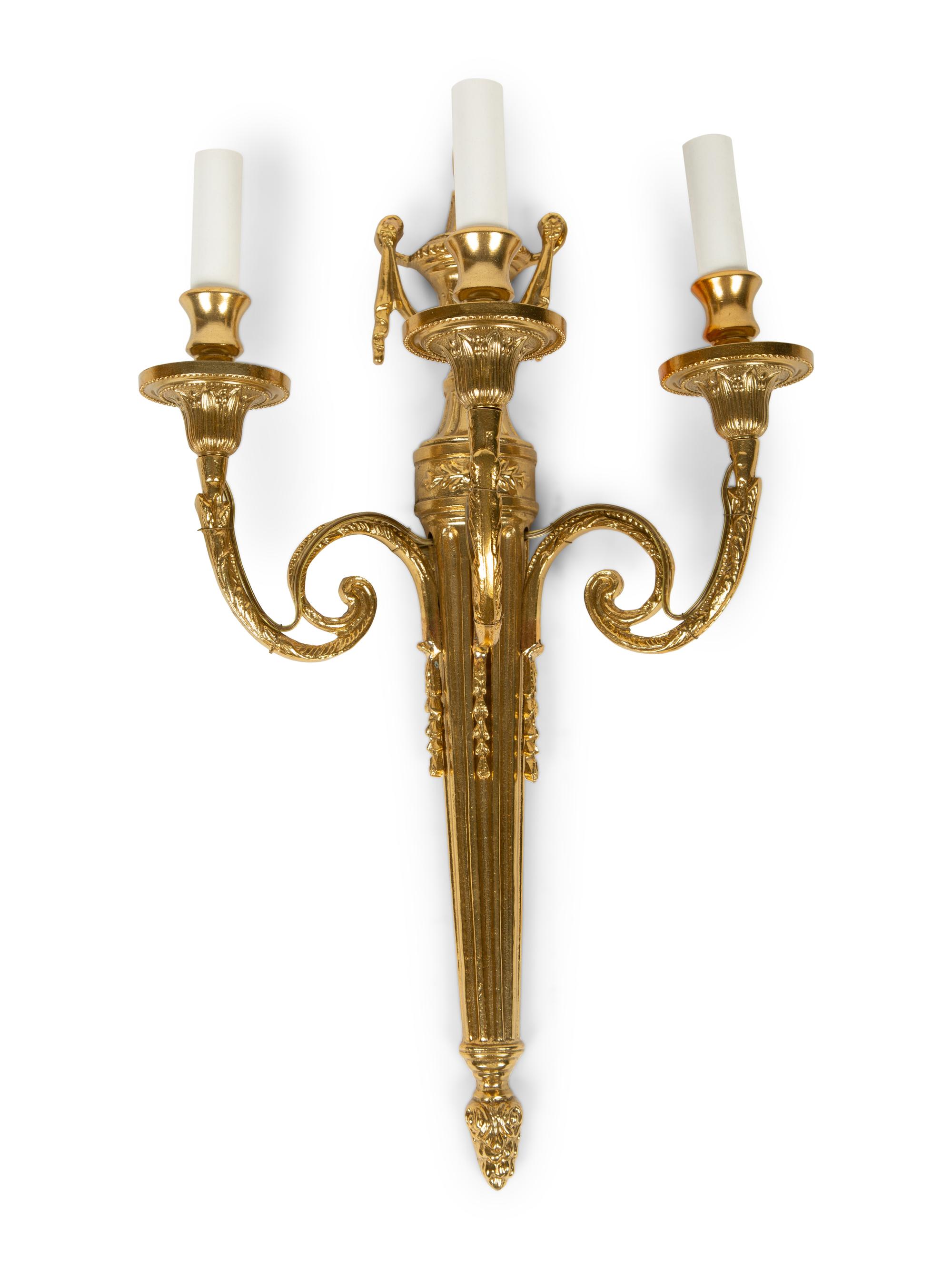A Set of Four Louis XVI Style Three-Light Brass Sconces — 20TH CENTURY