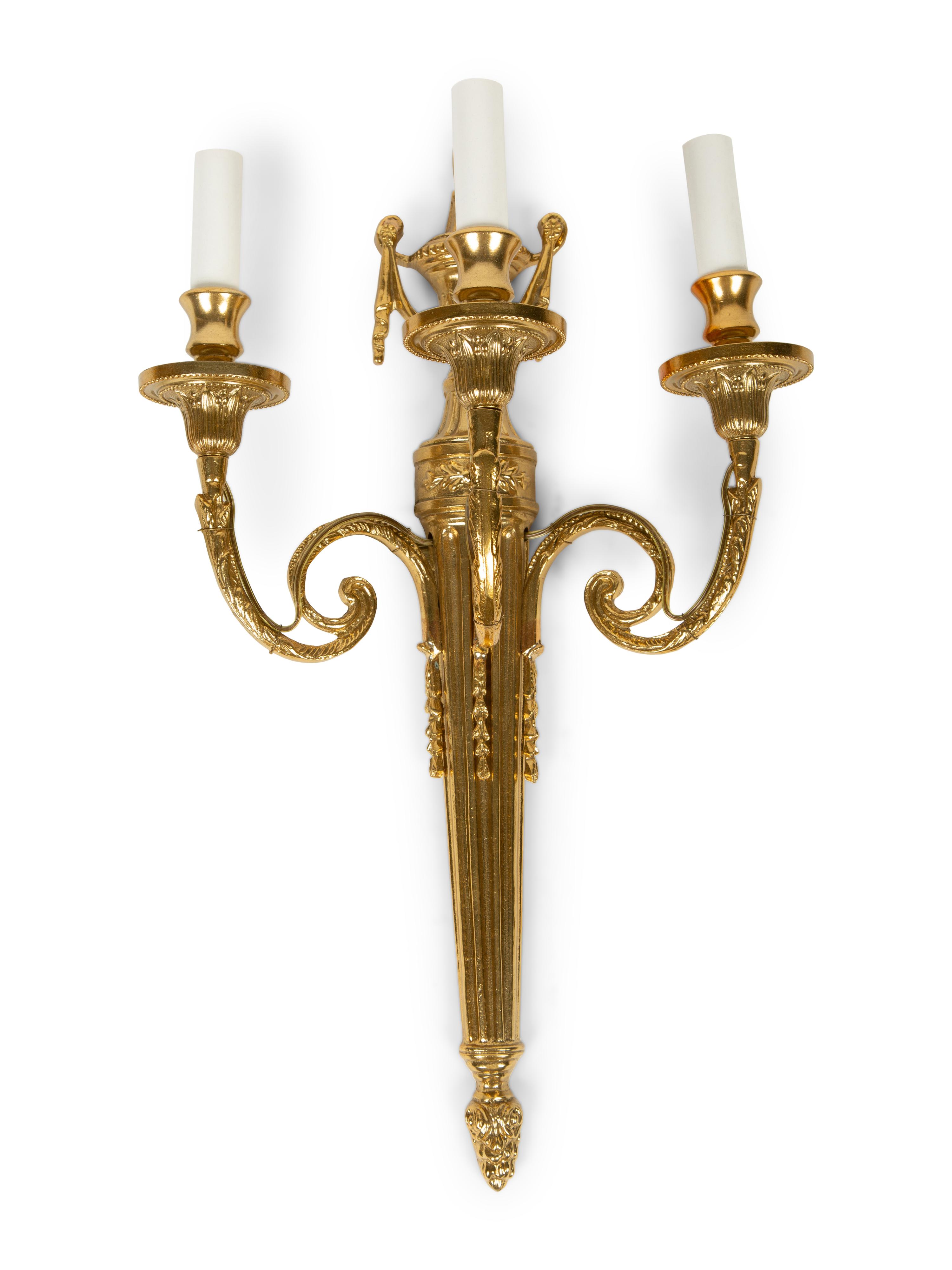 A Set of Four Louis XVI Style Three-Light Brass Sconces — 20TH CENTURY