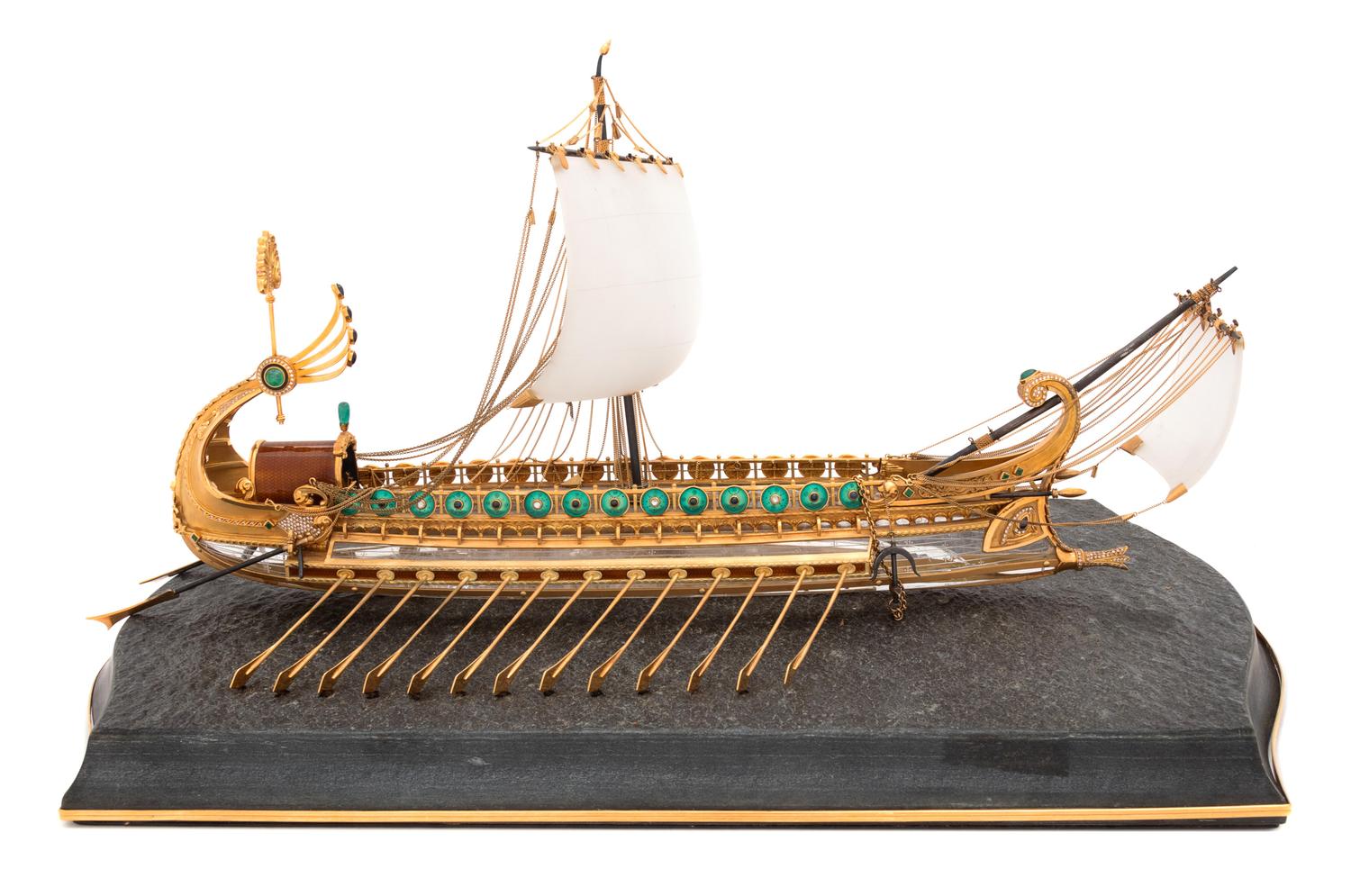 A German 18-Karat Yellow Gold, Rock Crystal, Enameled, Diamond, Emerald and Sapphire Inset Model of a Roman Galley