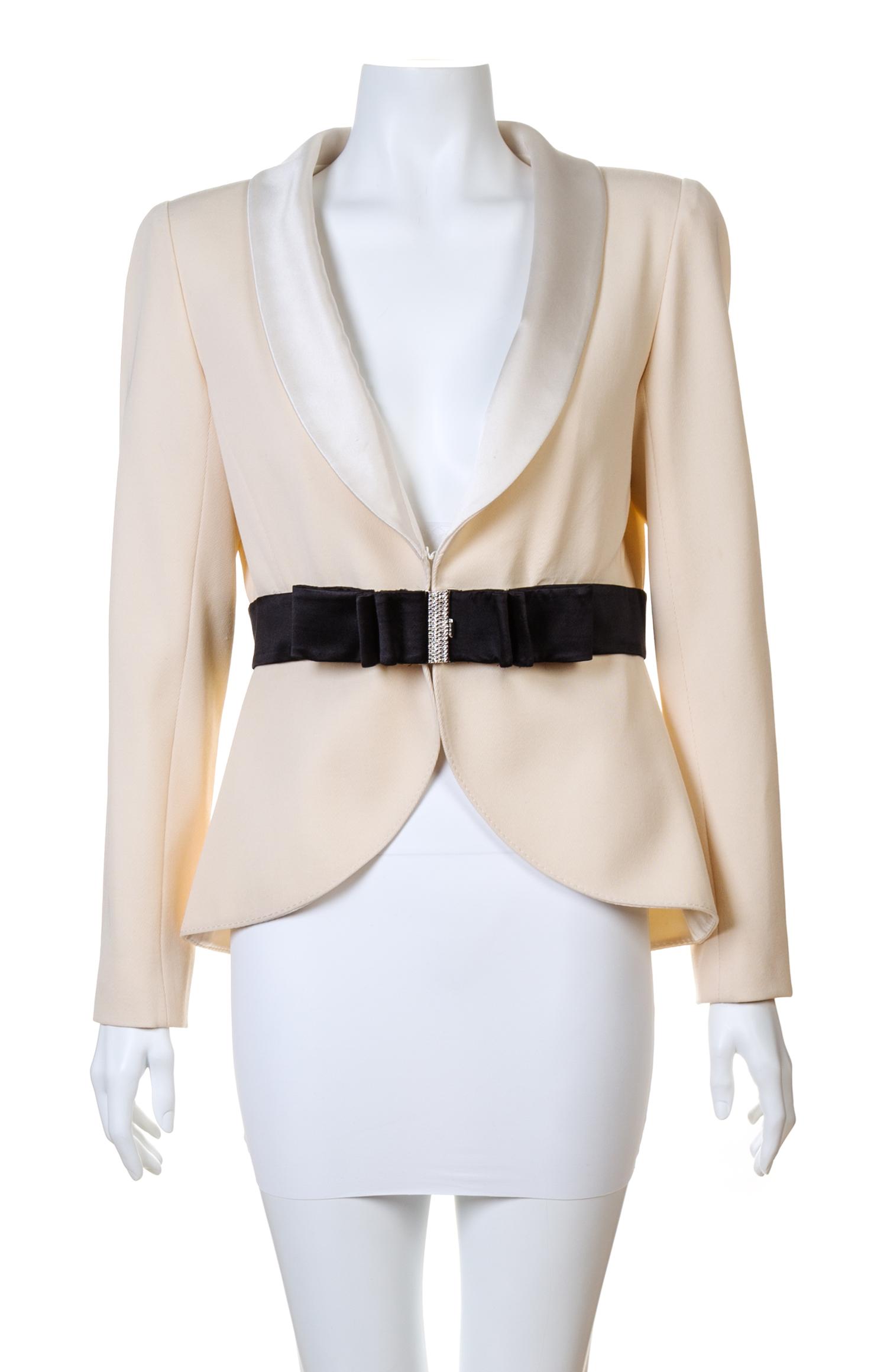 A Valentino Cream Wool Tuxedo Peplum Jacket, Size 10.